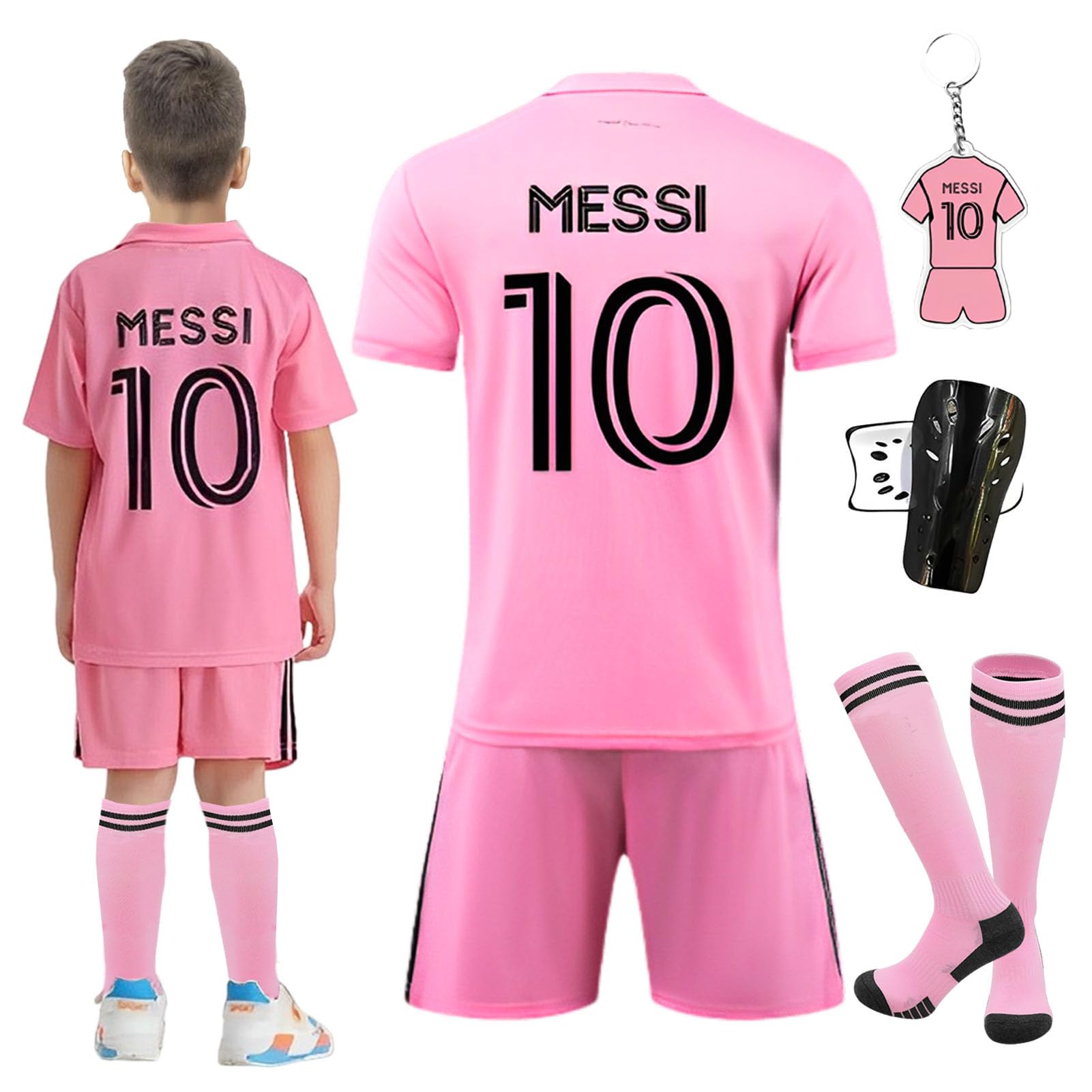 Byhsoep Camiseta de Fútbol,Conjunto de Fútbol de Jersey para Niños con Camiseta,Camiseta Deportiva de Fútbol con Pantalones Cortos,Calcetines y Placa Protectora de Rodilla