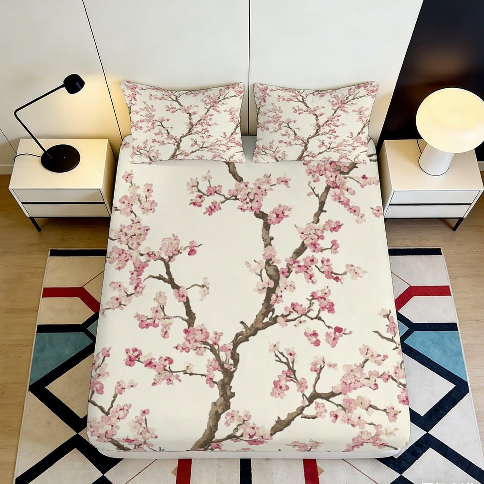 3D Printed Sakura Blossom Fitted Sheet Microfiber Soft Breathable Plum Branch Bed Cover for Bedroom Guestroom Decor 90x200x25cm