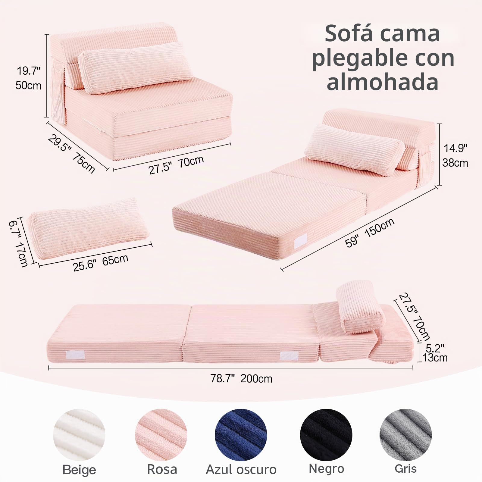 Sofá cama plegable con almohada, silla convertible de pana, cómodo colchón futón para adultos, silla plegable para sala de estar, dormitorio, color rosa