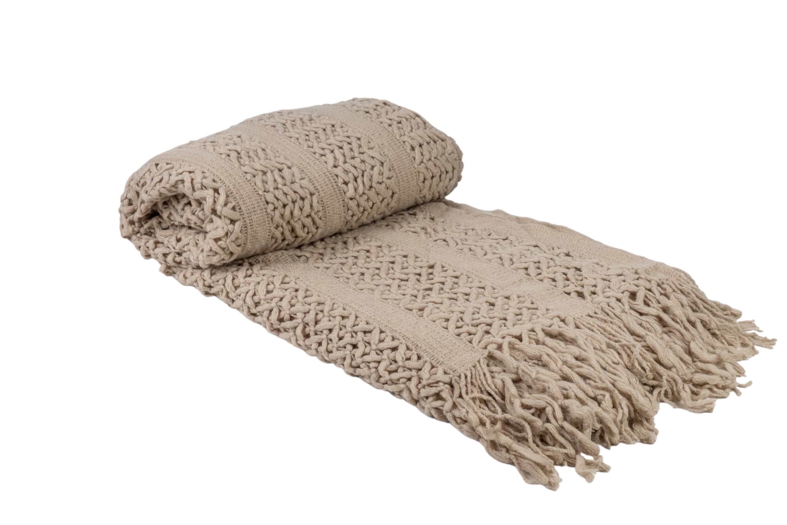Couverture Manta beige à franges 130x200 finition textile premium