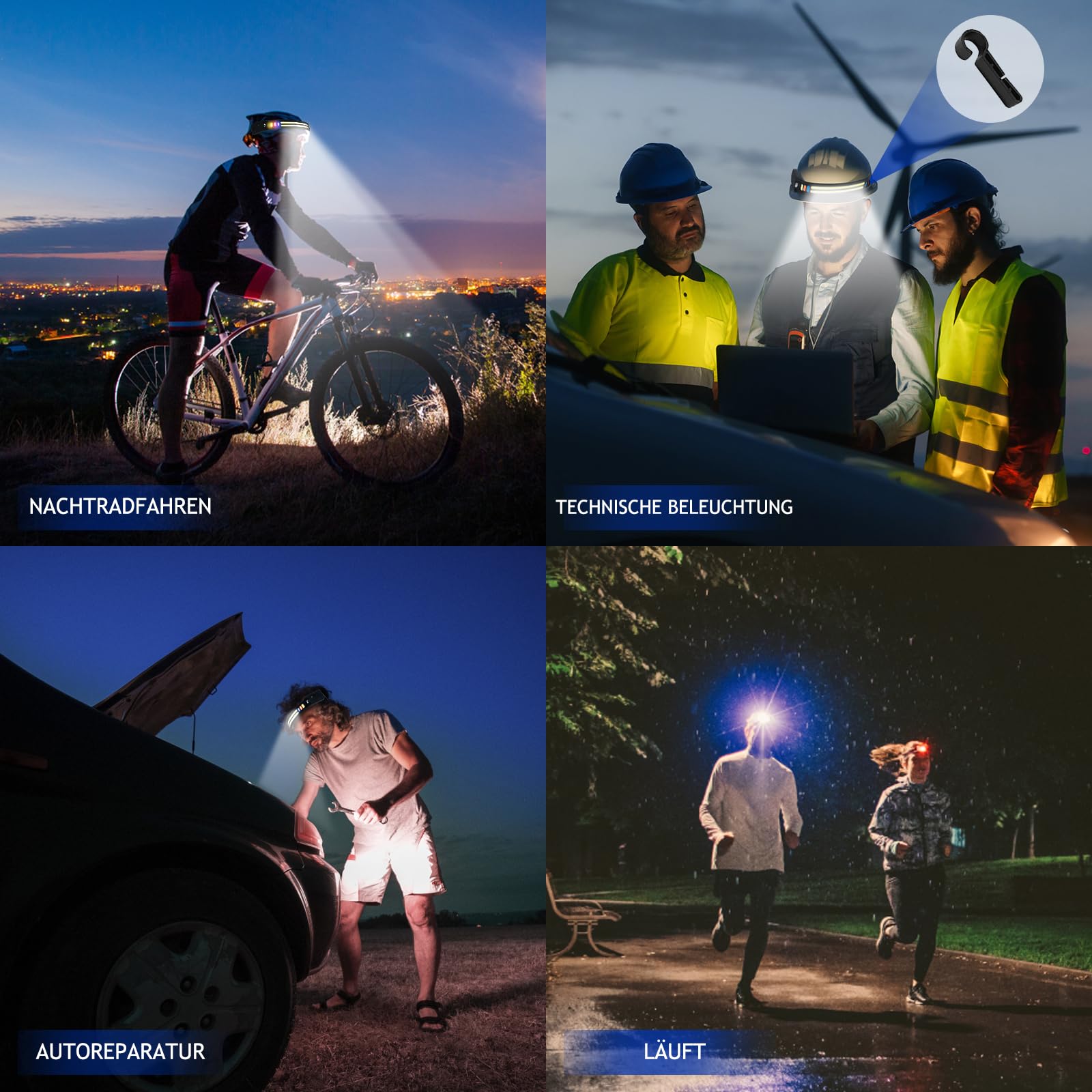 Winthai Lampe frontale LED rechargeable - 2 cm - Ultra fine - 1500 mAh - Capteur intelligent - Lampe frontale LED super lumineuse avec 9 modes d'éclairage - 4 couleurs - 90 g - Étanche IPX4 - Pour la