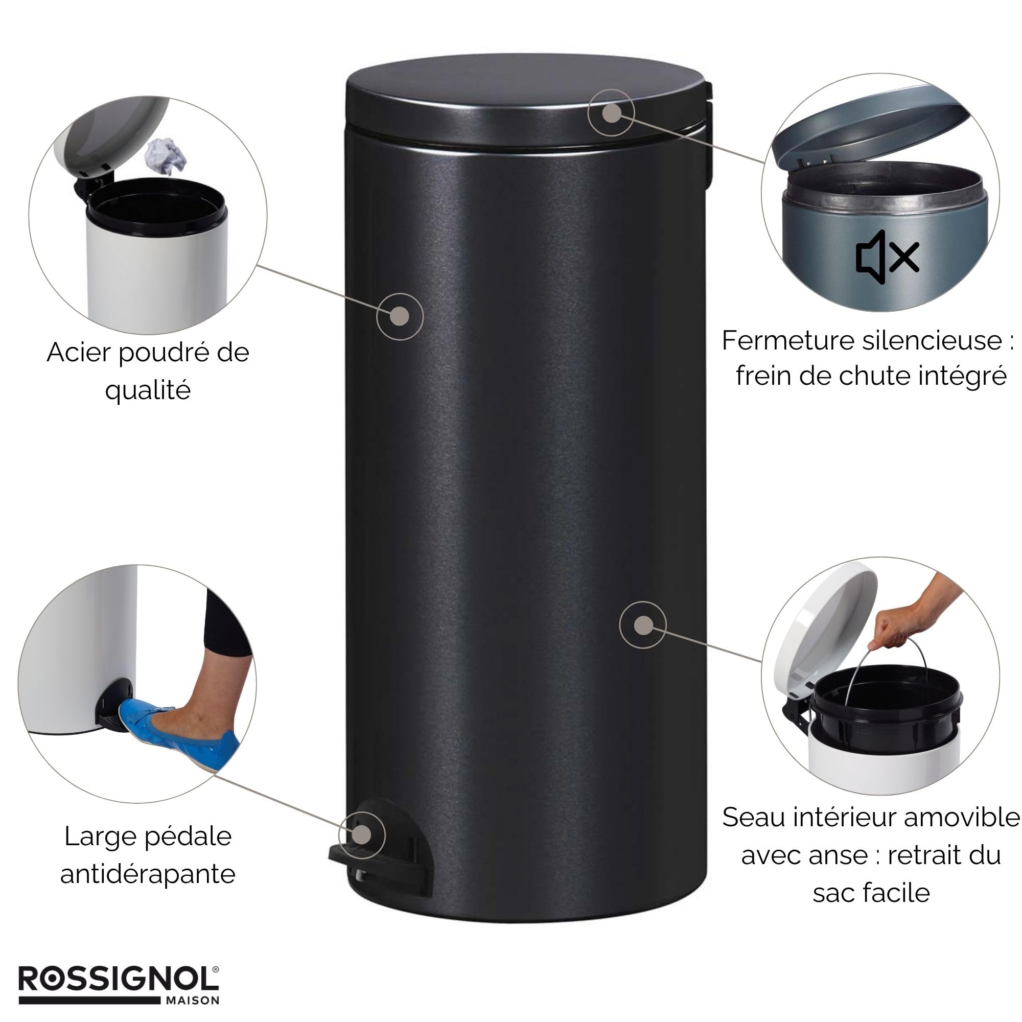 ROSSIGNOL Poubelle de cuisine, Poubelle 30L, Poubelle à pédale, Fabrication française, Fermeture silencieuse, Seau intérieur amovible avec anse, SANIA
