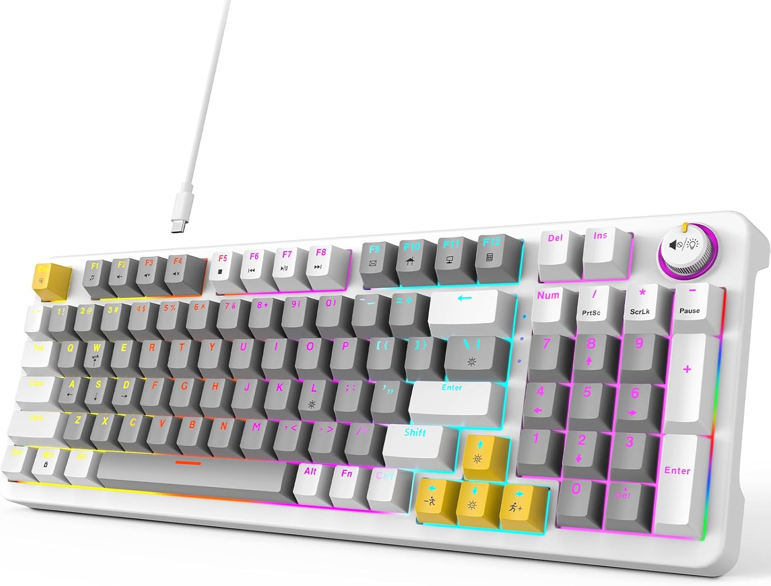 MOFII AK96 Mechanical Gaming Keyboard, Full Keys LED Backlit Programmable, Plug and Play USB A/C Wired Computer Custom Keyboard with Sound/Light Control Knob for Win/Mac – Gray & White