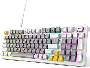 AK96 Mechanical Gaming Keyboard, Full Keys LED Backlit Programmable, Plug and Play USB A/C Wired Computer Custom Keyboard with Sound/Light Control Knob for Win/Mac - Gray & White