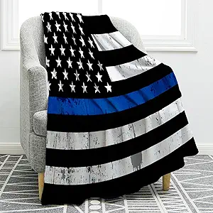 Jekeno Blue Line Police Blanket United States Police Flag Print Gifts for Men Boy Dad Husband Son Adult Home Bedroom Living Room Decor Soft Cozy Lightweight Plush Throw Blankets 50"x60"