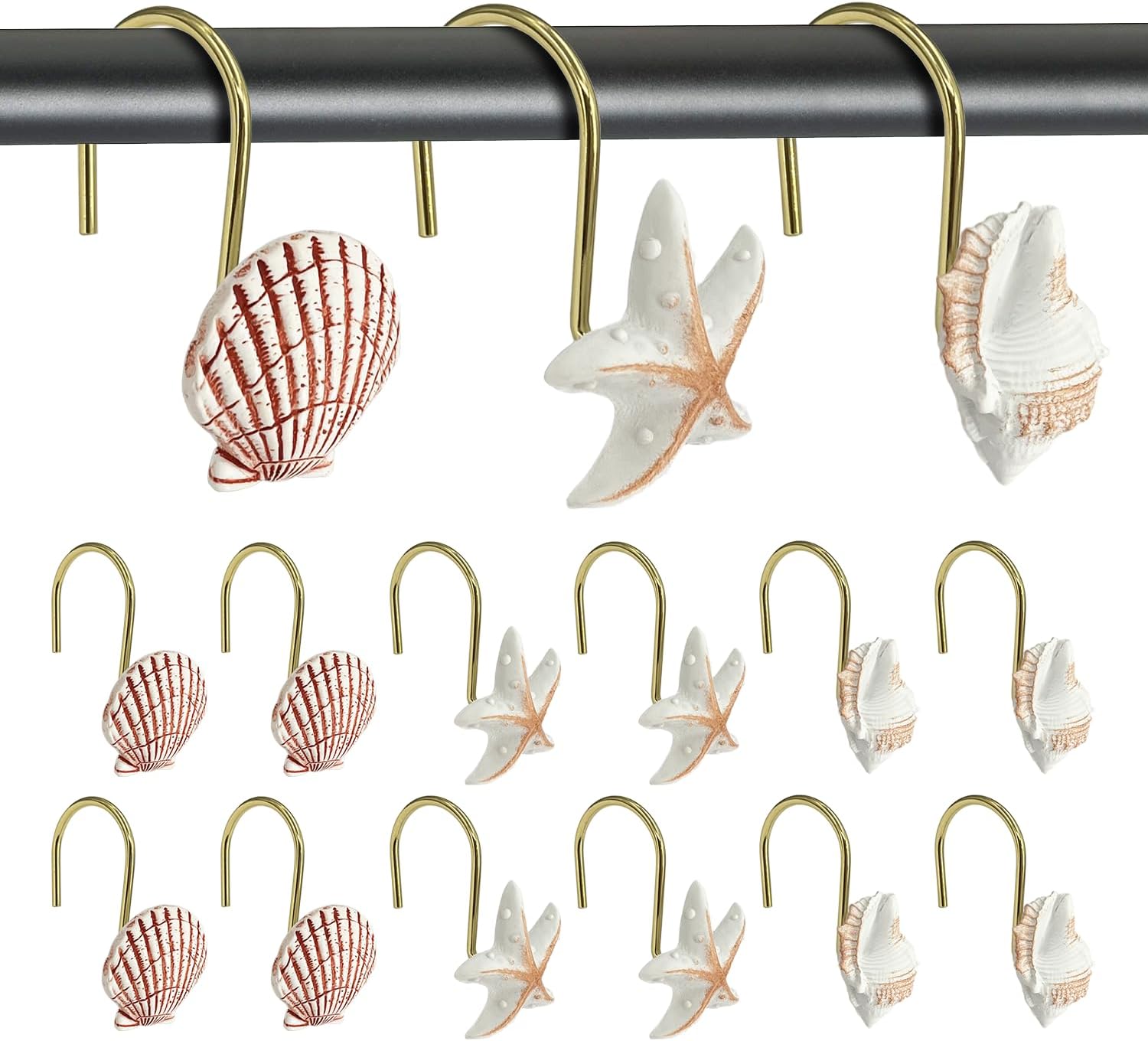 Gold Seashell Shower Curtain Hooks - 12 Pack Rust-Proof Resin