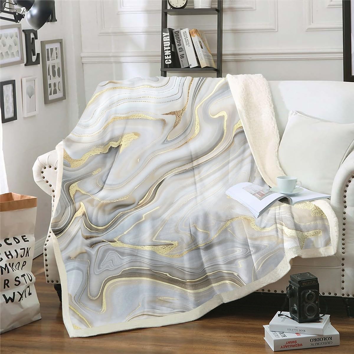Erosebridal Abstract Marble Throw Blanket, Gold Metallic Fleece, Purple Marbling Rock Fuzzy Blanket for Kids Bedroom