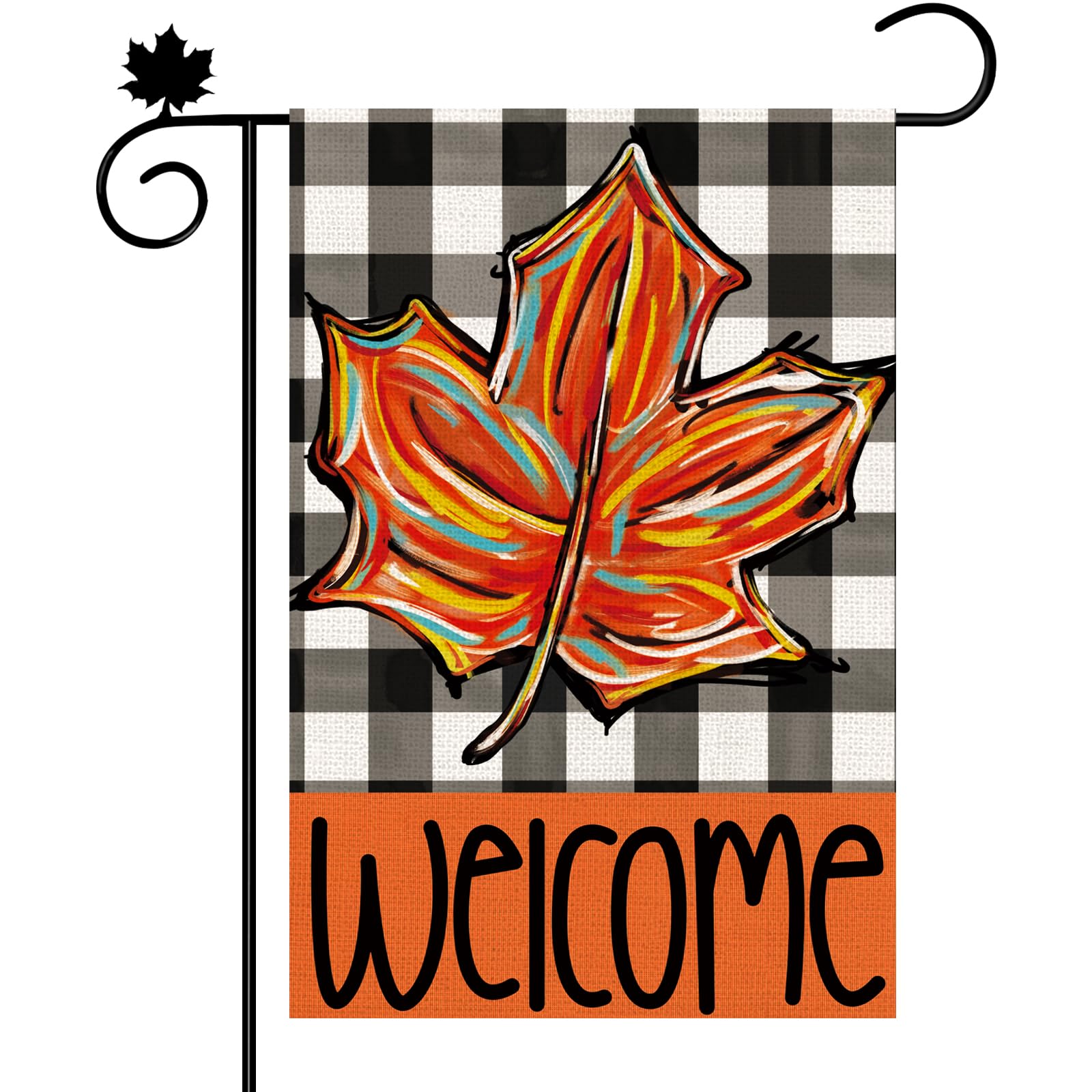 Fall Garden Flag ，12x18in Colorful Maple Leaf Black White Plaid Pattern Double Sided Welcome Thanksgiving Yard Flag for Autumn Farmhouse Seasonal Holiday Harvest Outdoor Decor