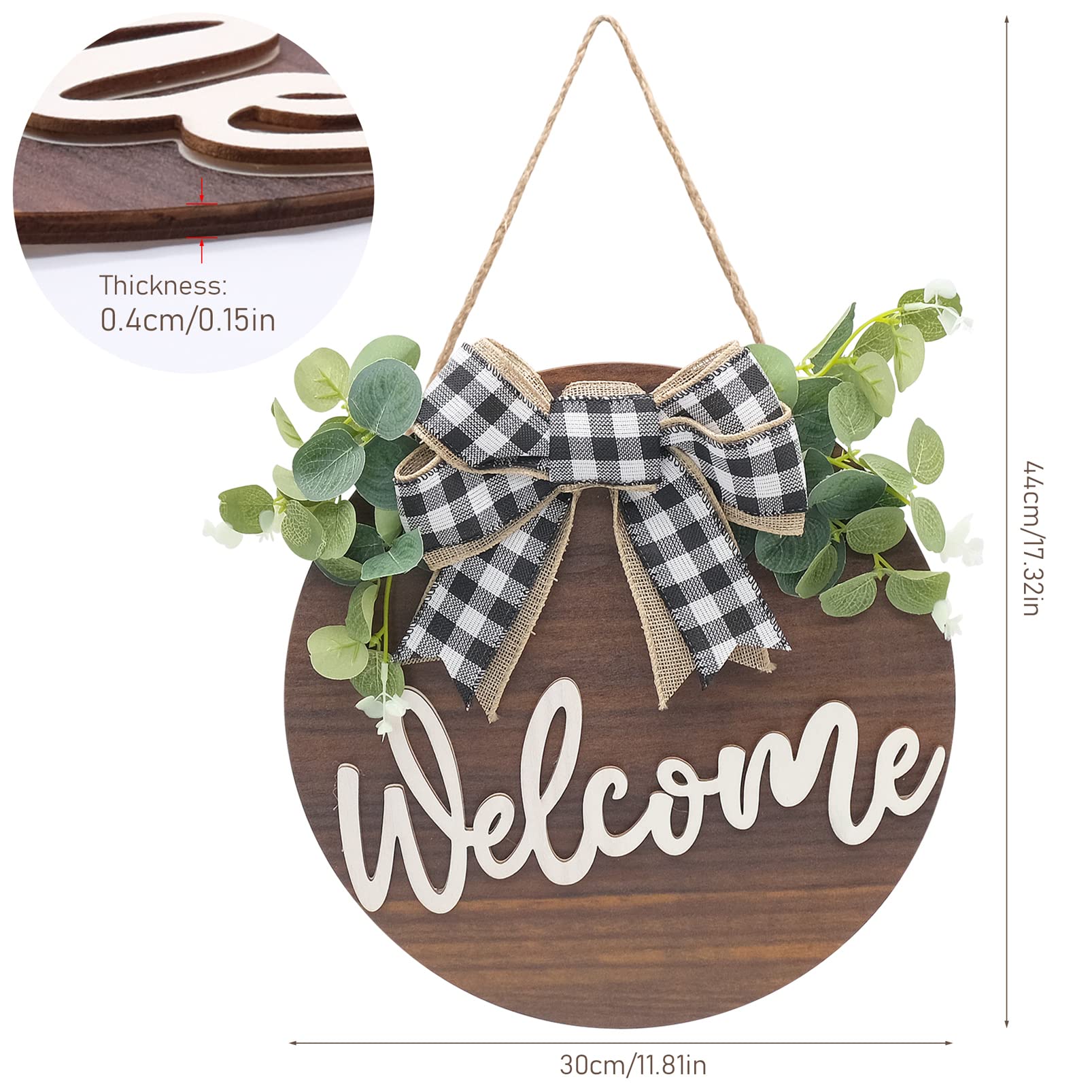 Letrero de Bienvenida Puerta Frontal Señal Madera Redonda Colgante Coronas de Bienvenida con Lazo y Flores para Casa de Campo Porche Decoración de La Puerta Delantera, 30 x 30 cm