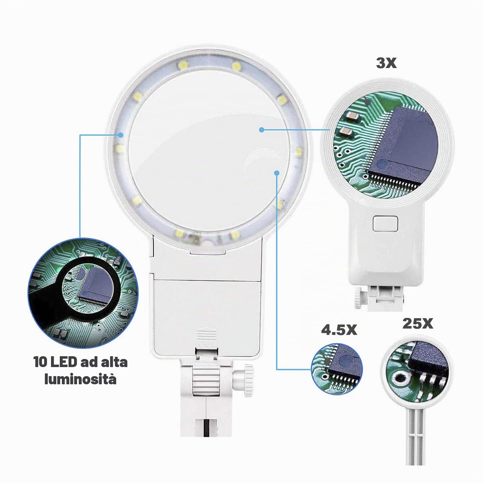 GuDoQi Supporto Terza Mano con 3X 4.5X 25X Lente d'Ingrandimento e Luce LED, Stazione di Saldatura con Morsetto e Clip di Metallo a Coccodrillo per Assemblaggi, Riparazioni, Modellismo e Elettronica