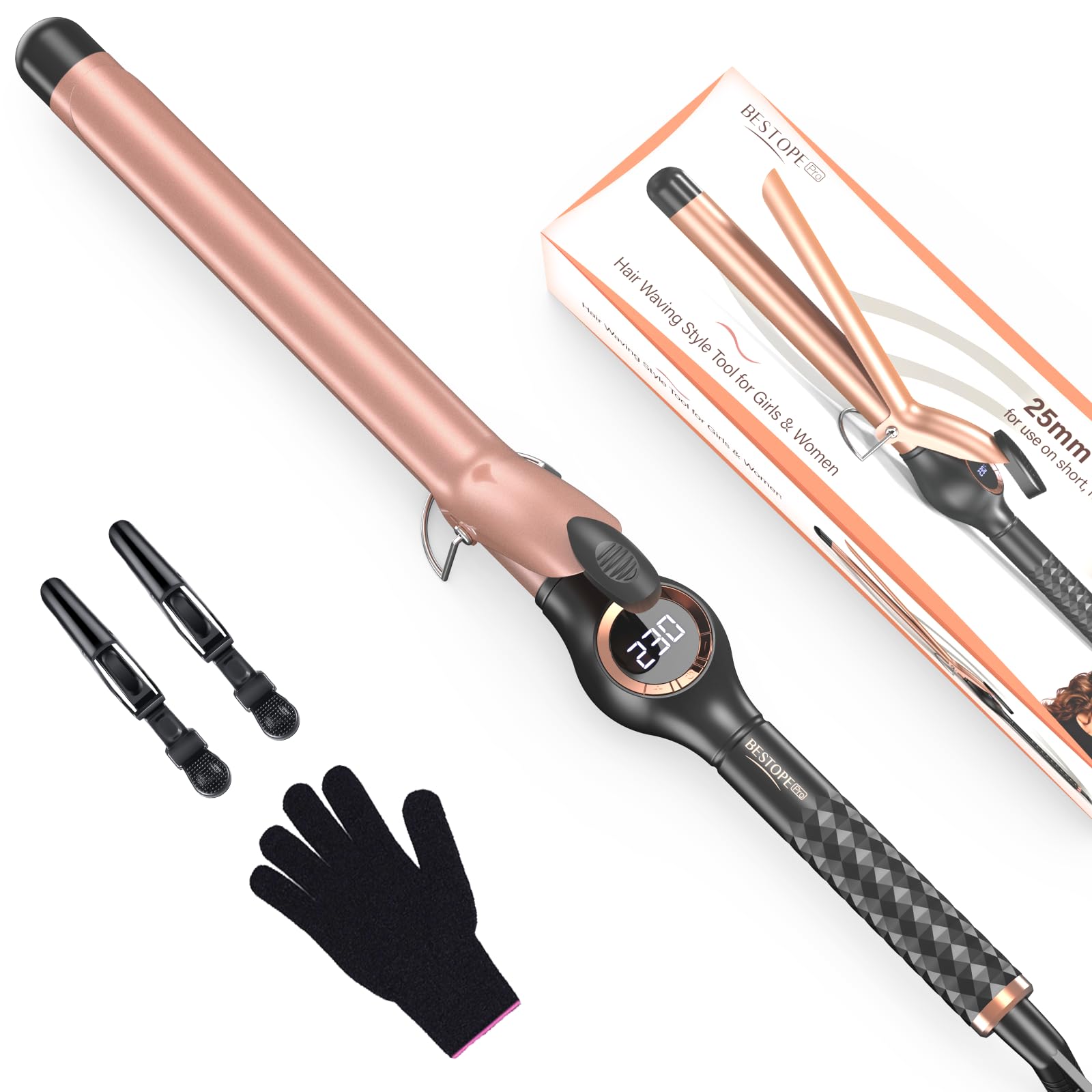 BESTOPE PRO 25 mm Rizador pelo Ondas, Rizador pelo para Rizos Grandes,Multi-Temperatura Seleccionable,Rizador Pelo Ondas de Extensión,Rizador Pelo de Calentamiento Rápido,Rizador con Gran Pantalla LCD
