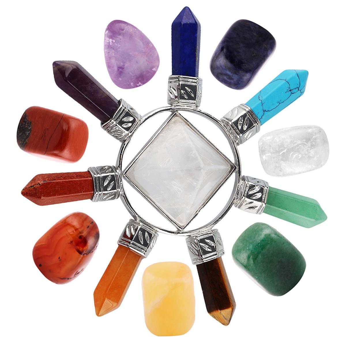 mookaitedecor 7 Chakra Crystals Set,Healing Crystal Polished Tumbled Worry Stones & Rock Quartz Pyramid Energy for Reiki Balancing Meditation Kit