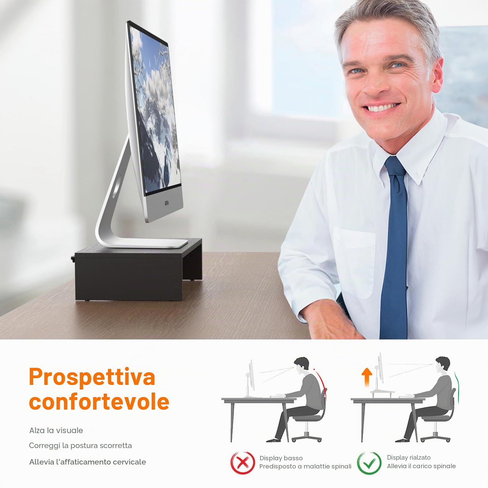 GRIFEMA GB1052-1 Rialzo per Monitor in Legno, Supporto per Monitor da Tavolo per Monitor, Laptop, Stampanti, Portata Fino a 20 kg, L420 x L233 mm x H104, Nero