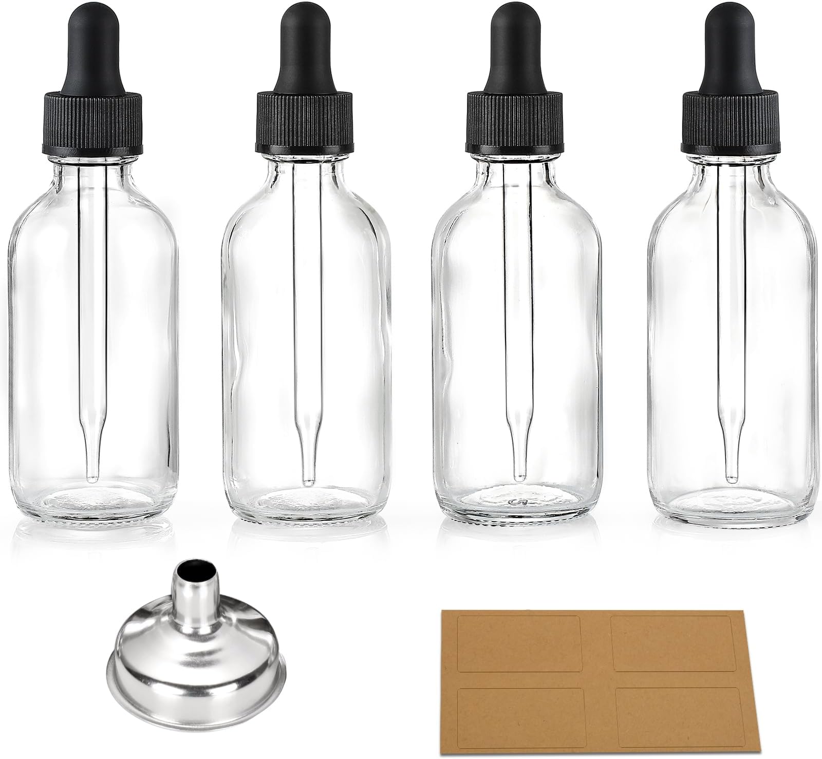4 Pcs, 2 oz Clear Eye Dropper Bottles with 1 Stainless Steel Funnels & 4 Labels - Black Caps 60ml Thick Glass Tincture Bottles - Leakproof Essential Oils Bottles for Health, Personal Care & Beauty