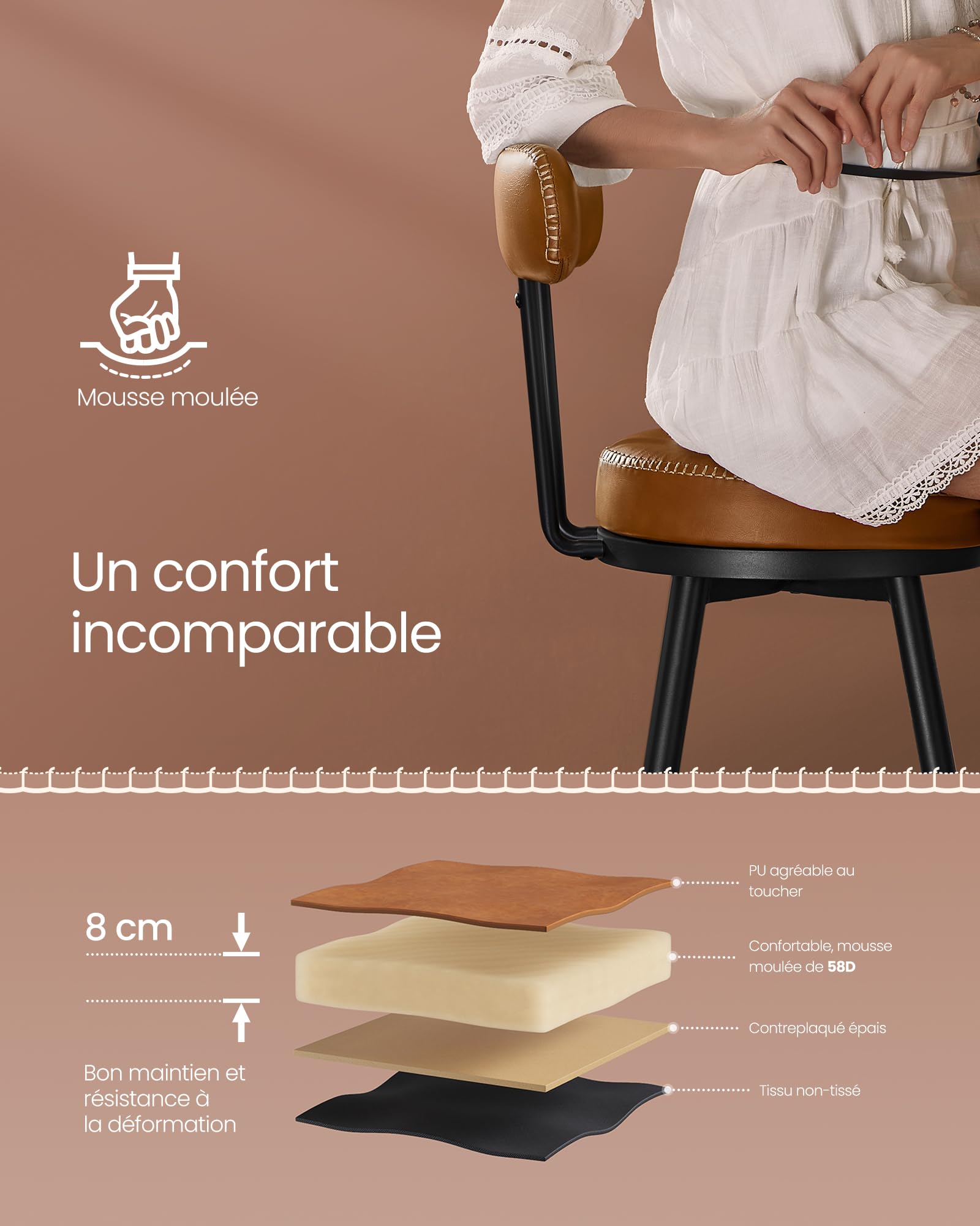 VASAGLE Collection EKHO - Lot de 2 Tabourets de Bar, Chaises de Bar, Chaises de Cuisine, en Similicuir, Hauteur d’Assise 76 cm, Cuisine, Salle à Manger, Pivotants à 360°, Brun Caramel, LBC889K01V2