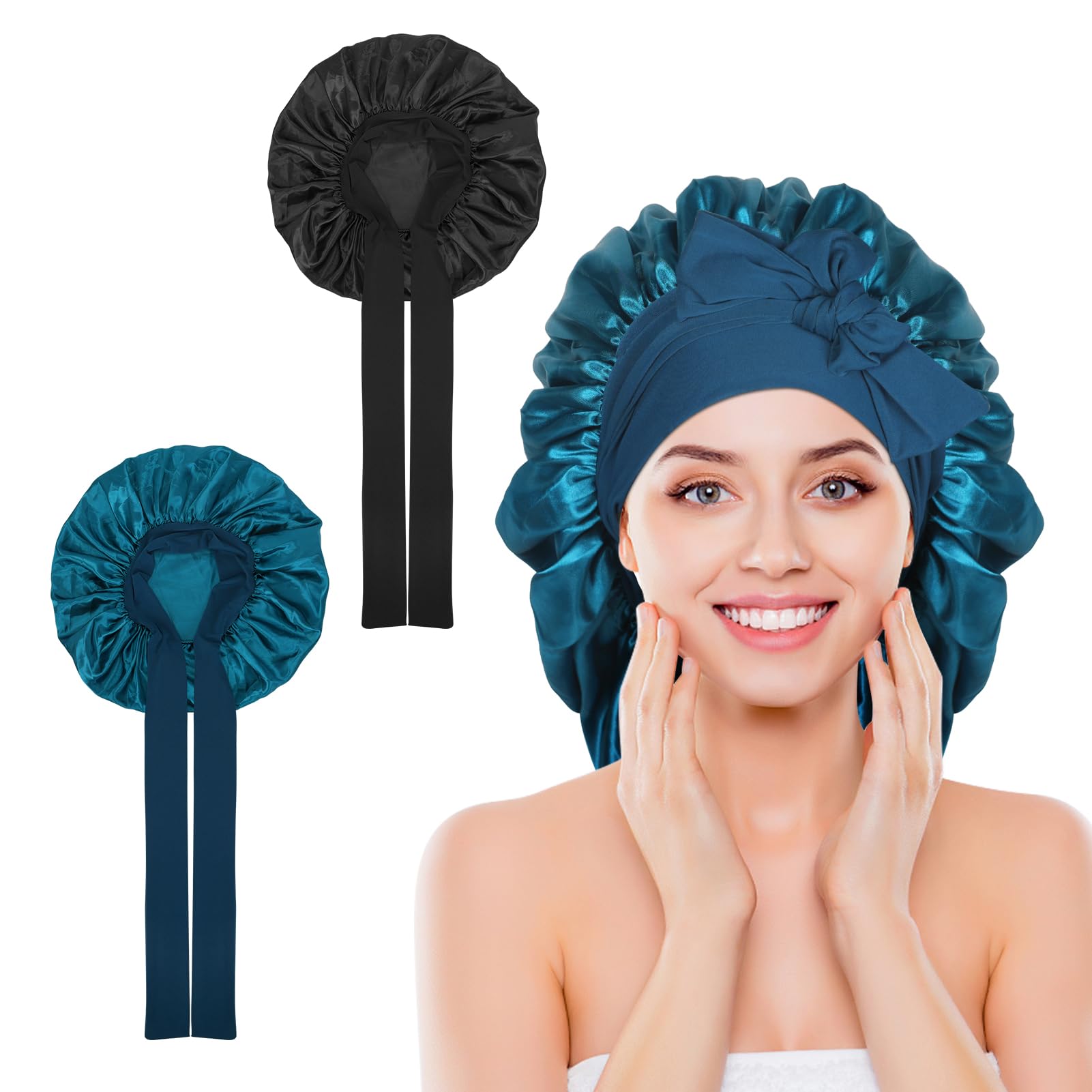Arqumi 2 Pcs Satin Silk Bonnet for Sleeping Women, Large Long Strap Tie Band Adjustable Sleep Night Cap Hair Bonnet Wrap for Men, Black+Hole Blue
