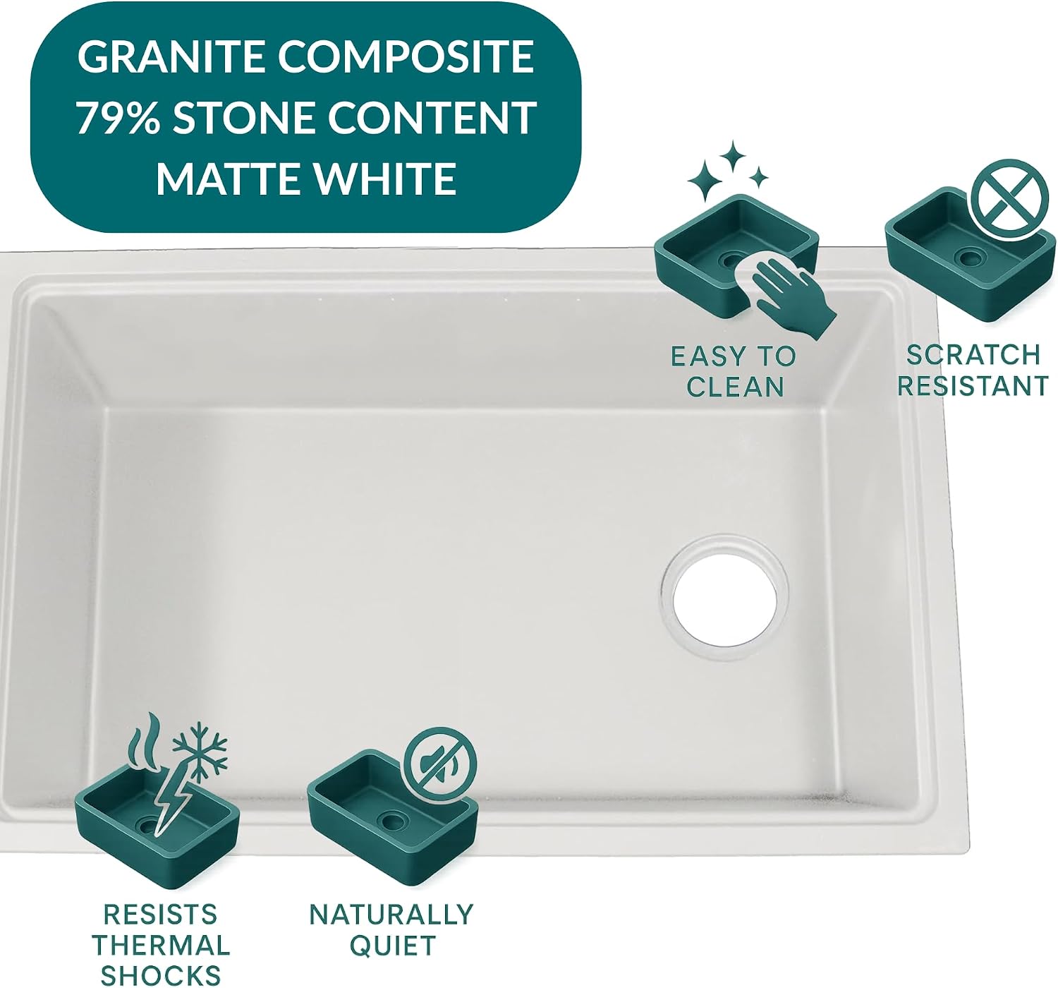 30" Kitchen Sink – Cutting Board, Colander & Rinse Tray, Drop In or Undermount Single Bowl Kitchen Sink, Made in Europe – White Granite Composite, Sturdy HP-GR30WS-WHI