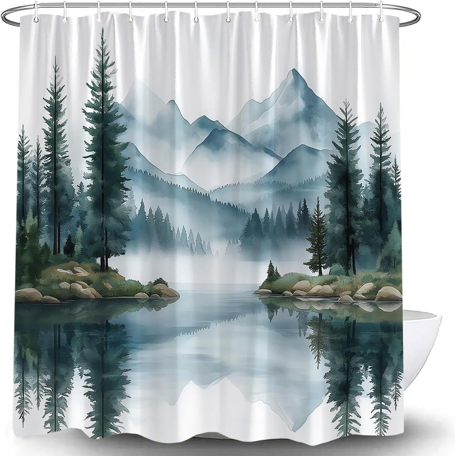 Green Misty Forest Mountain Shower Curtain Watercolor Pine Tree Lake Landscape Foggy Nature Magic Abstract Jungle Plant Rustic Mysterious Scenery Bath Curtains with Hook,70x83.8 Inch