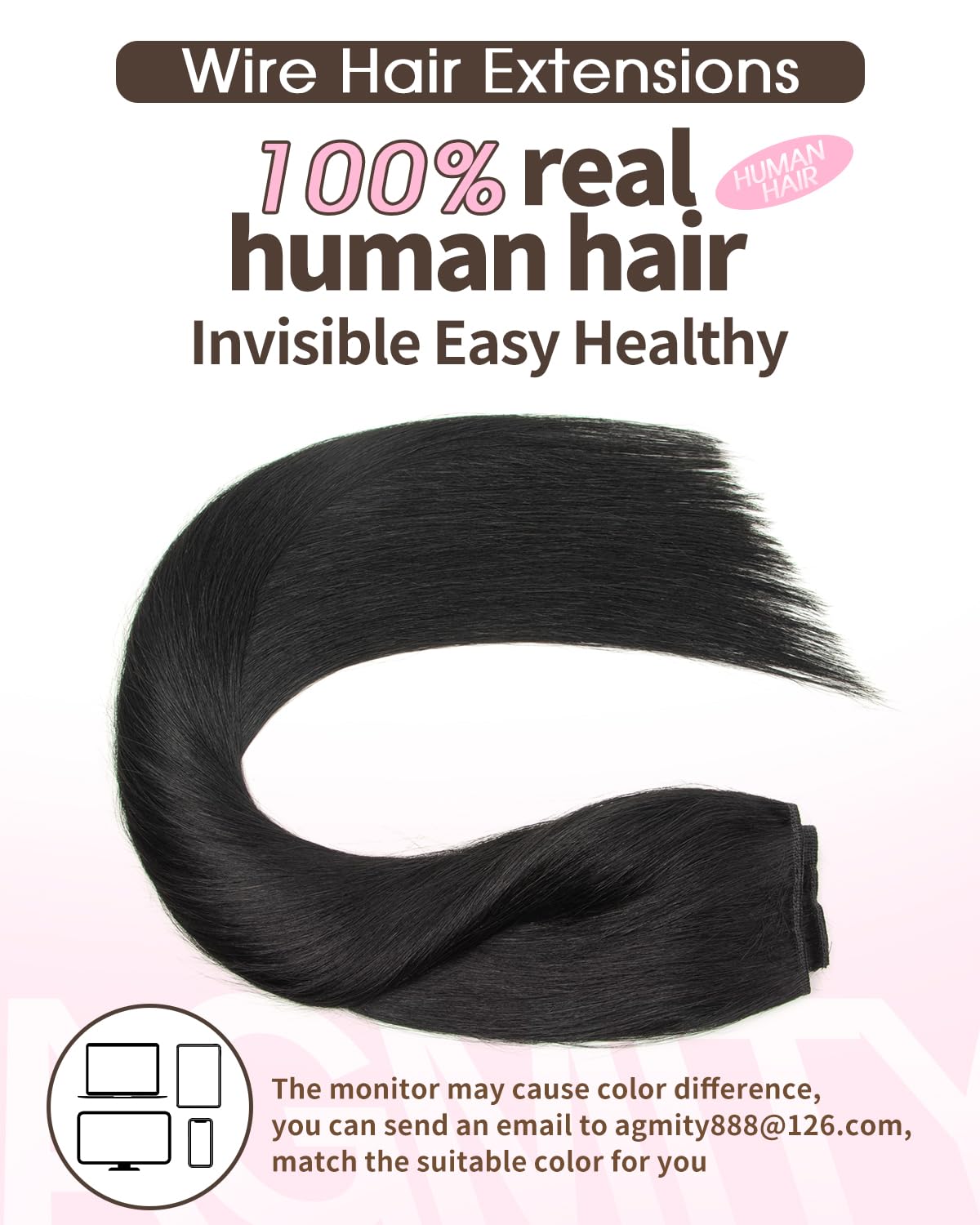 AGMITY Human Hair Wire Hair Extensions Jet Black 60g invisible Removable Thick Straight Fishing Line Layered Natural Hairpiece Human Hair Extensions(12 Inch #1 Jet Black) - Image 2