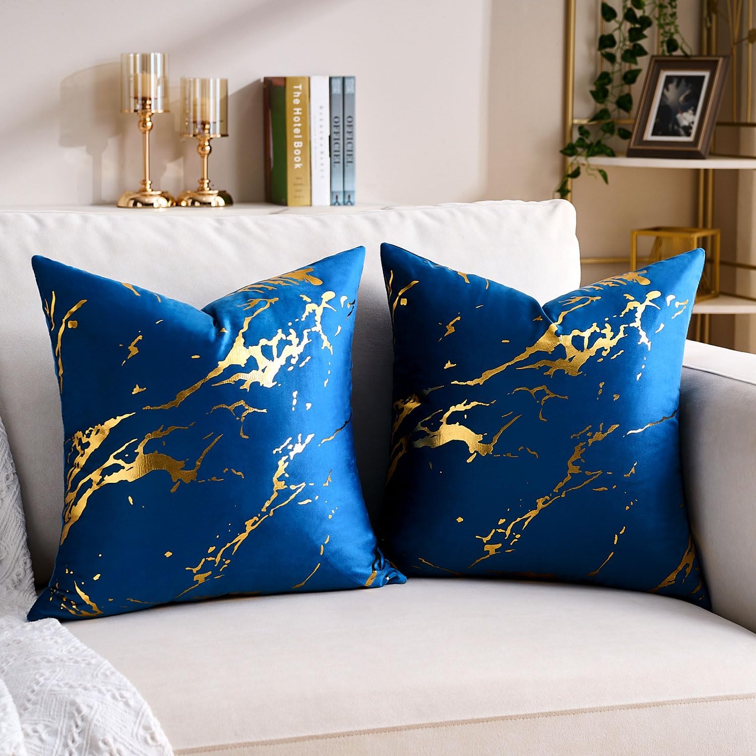 Velvet Navy Blue Throw Pillow Covers 18 x 18 Set of 2 Gold Marble Decorative Pillow Cases Modern Luxury Bronzing Printed Soft Square Couch Pillowcases for Sofa Living Room Bedroom - Image 2