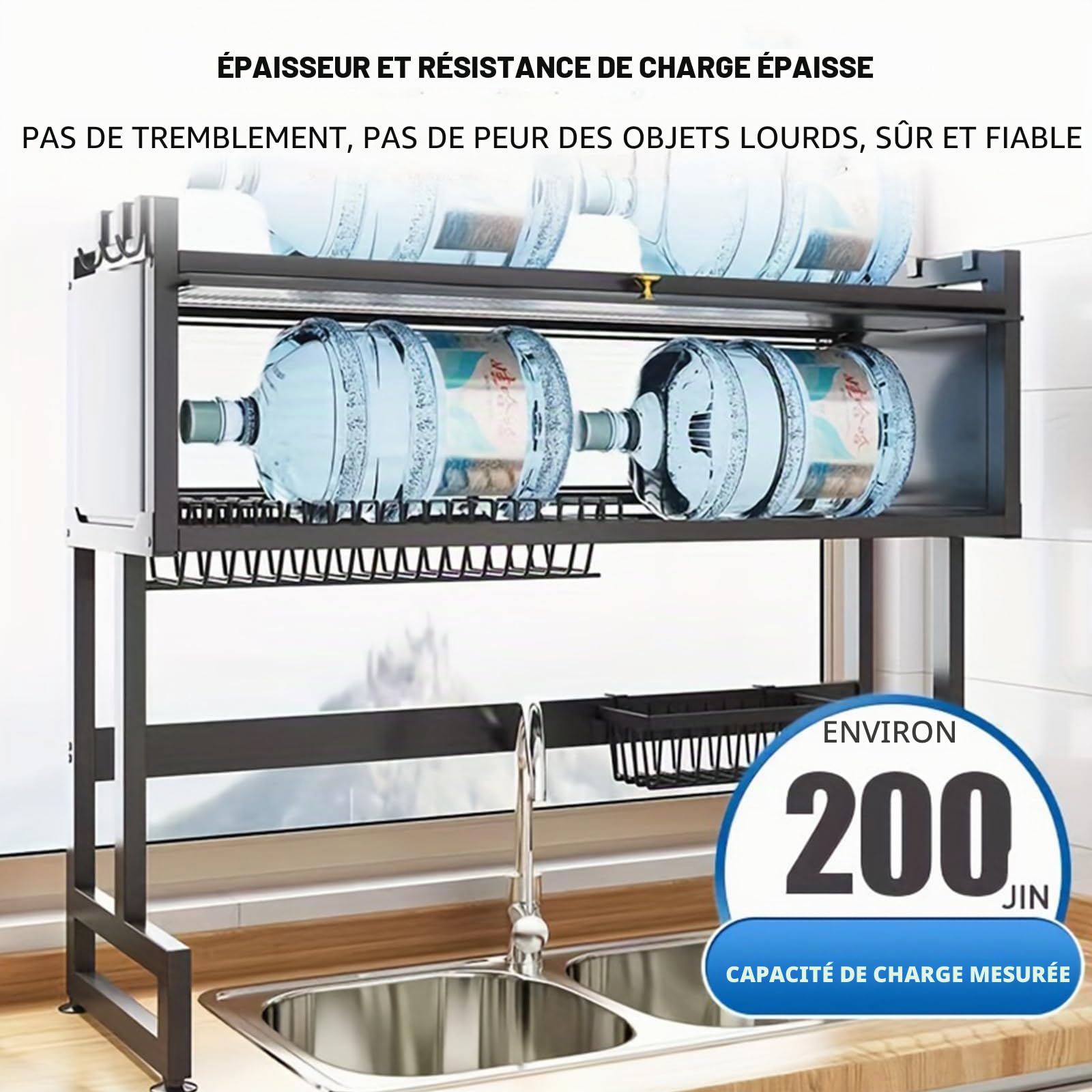 Égouttoir au-dessus de l'évier, égouttoir à 3 niveaux, égouttoir pour l'évier de cuisine avec couvercle, grille anti-goutte, égouttoir en acier inoxydable, avec porte-ustensiles, noir