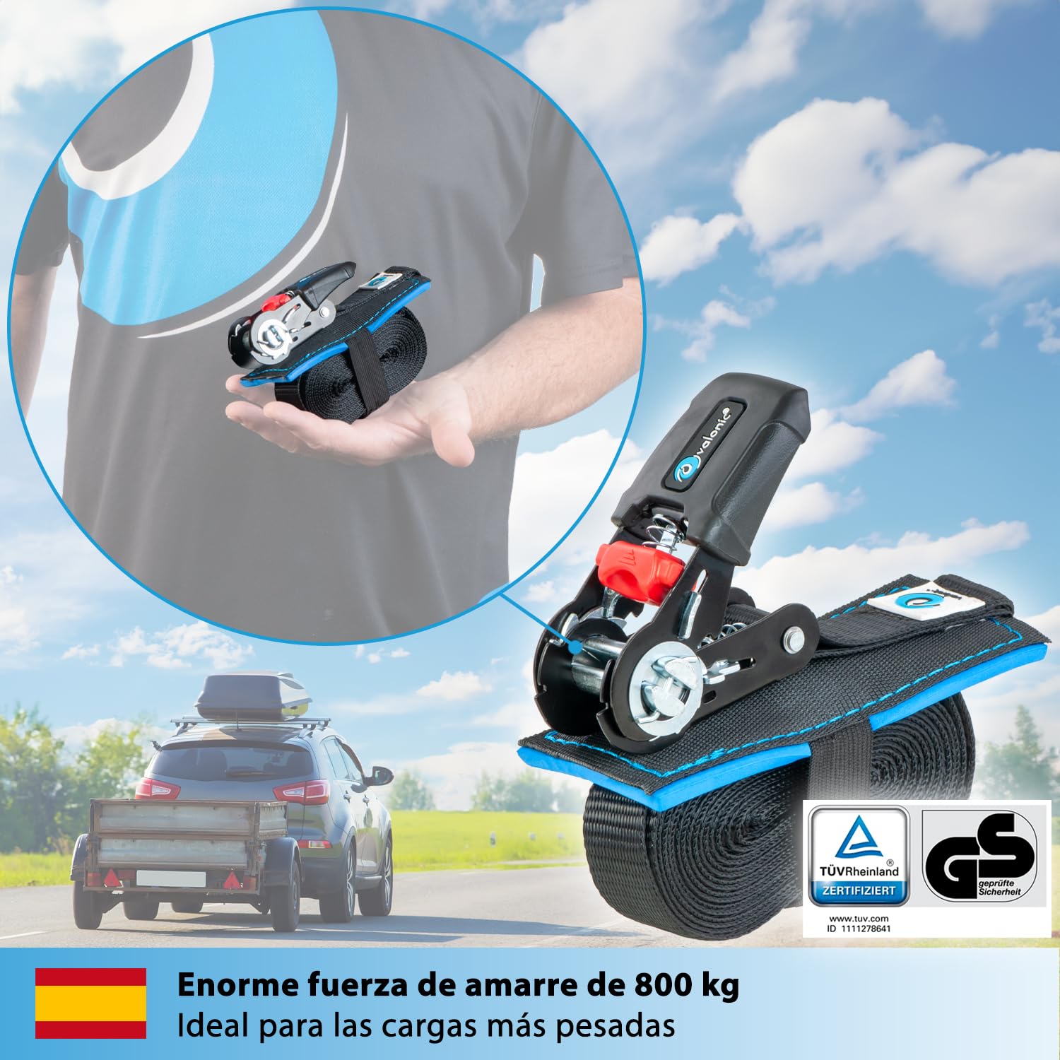 Cinchas De Amarre Con Carraca Valonic Racoon | 2 Correas De 3m Y 25mm De Ancho, Carga Máxima 300/600 Kg, Acolchado De Neopreno Para Proteger La Carga, Certificadas EN-12195-2, Color Negro