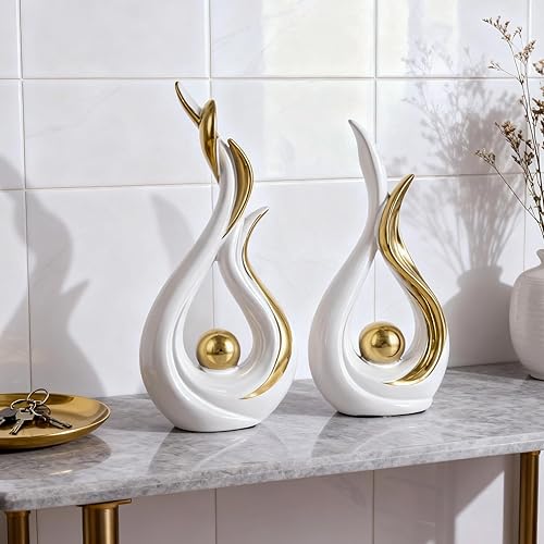Miniatura 2 de Juego de 2 esculturas abstractas de cerámica blanca y dorada, objetos de mesa de comedor modernos para decoración del hogar, piezas centrales