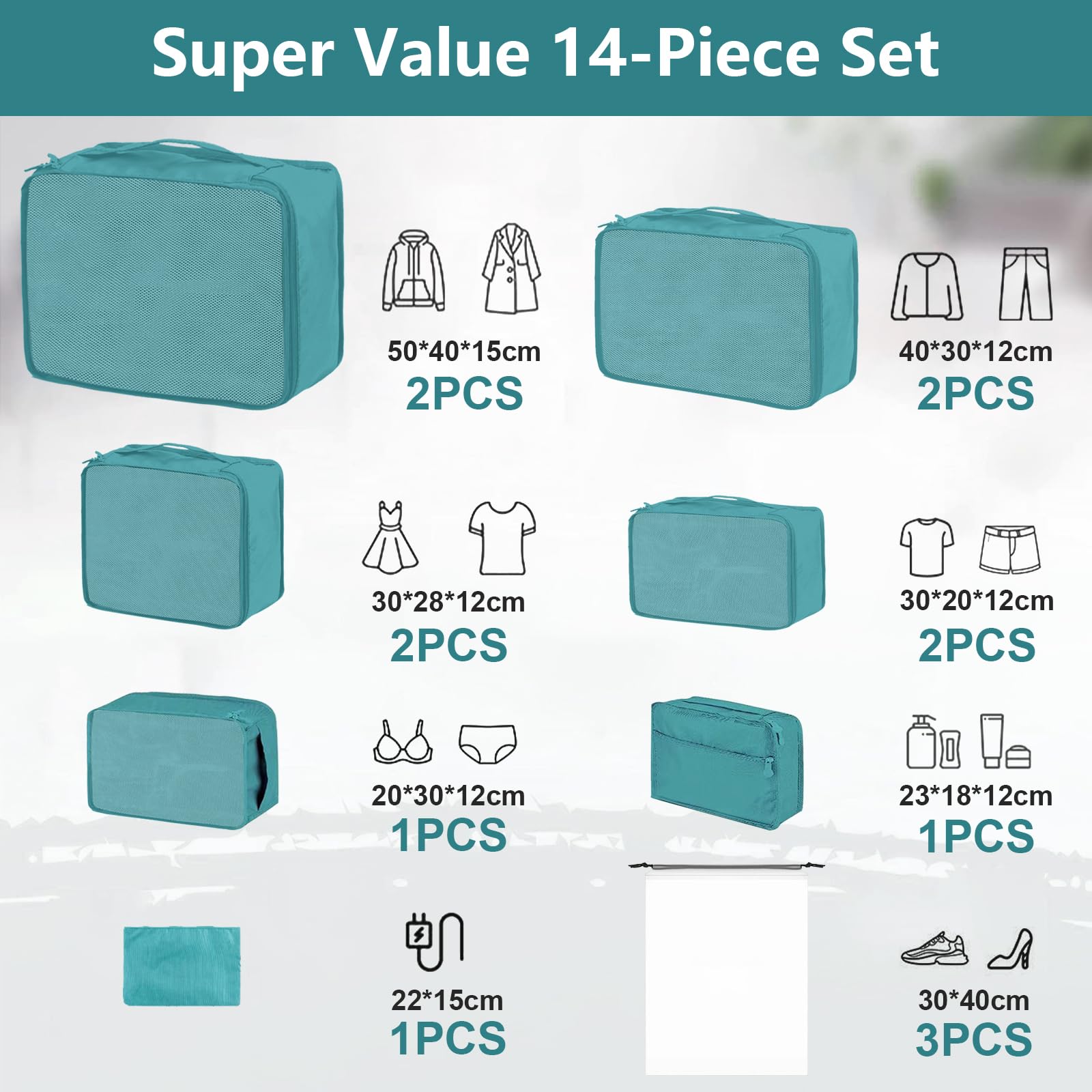 14 cubi da imballaggio extra large, varie dimensioni, organizer per valigie, sacchetti leggeri per valigie (14, verde acqua)