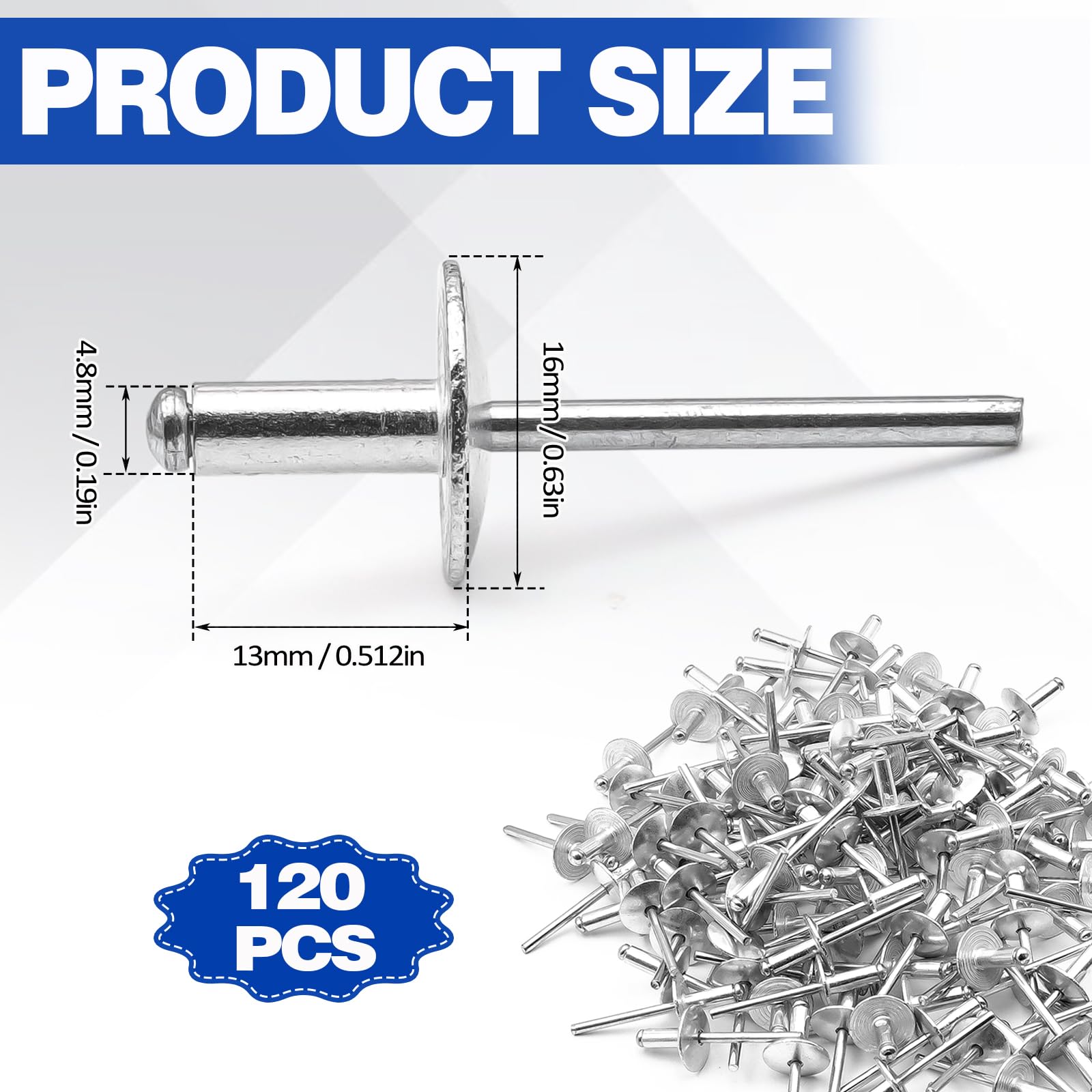 Rivetti ciechi in alluminio a flangia grande, 4,8 x 13 mm, set di 120 rivetti pop, per metallo, plastica, mobili, fai da te, connessione robusta con grande flangia, facile da montare, compatibile con