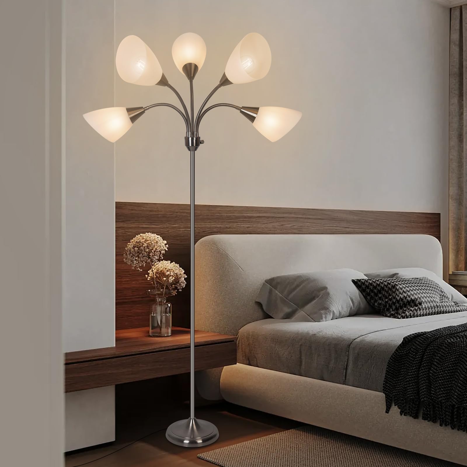 HonoDing Medusa Lampy podłogowe Lampy stojące 5 głowic Regulowane światło do czytania Duży klosz Żarówka E26 A19 Lampy podłogowe do salonu Sypialnia (satyna niklowa)