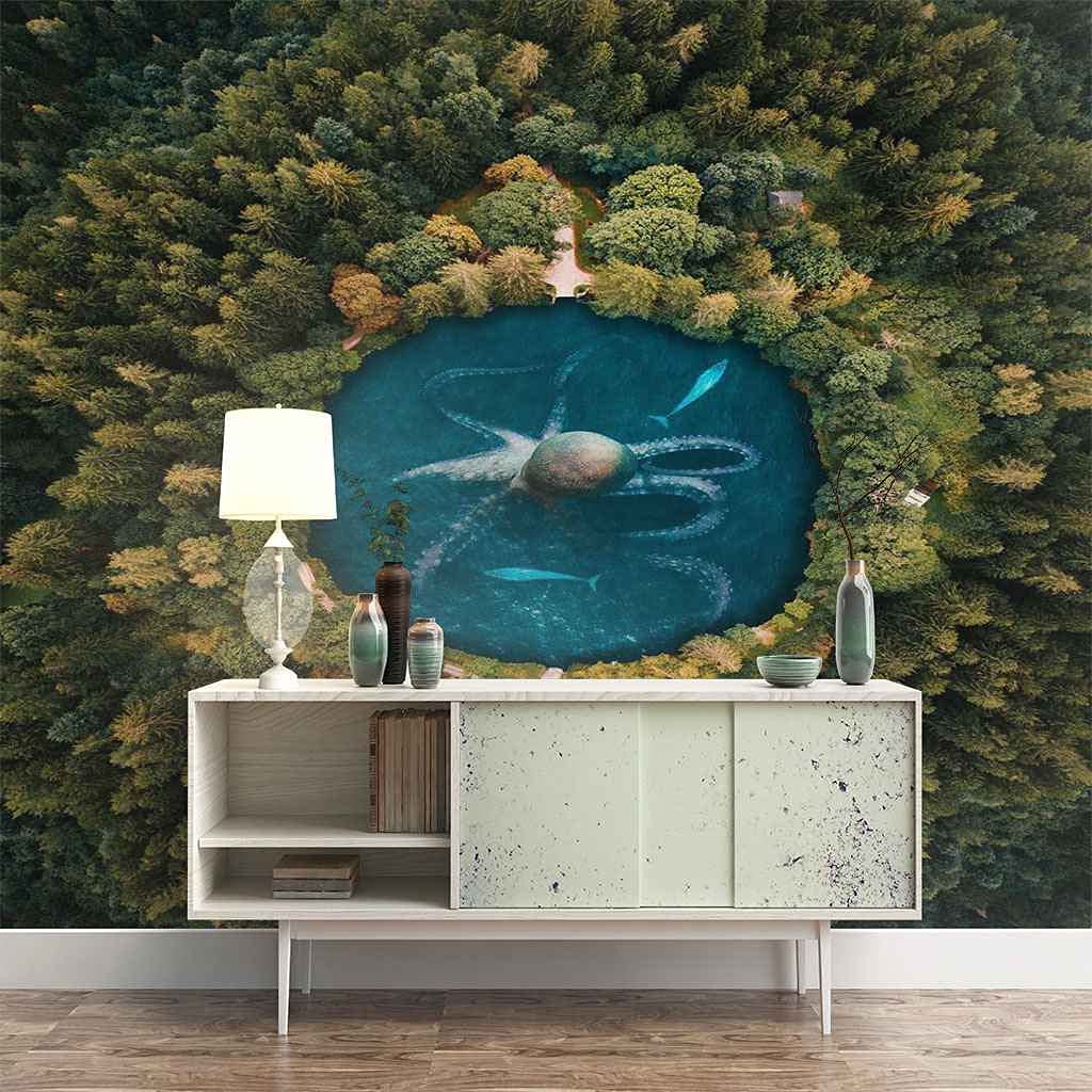 Papier peint autocollant lac forêt poster mural 3D canevas personnalisable 350x256 cm