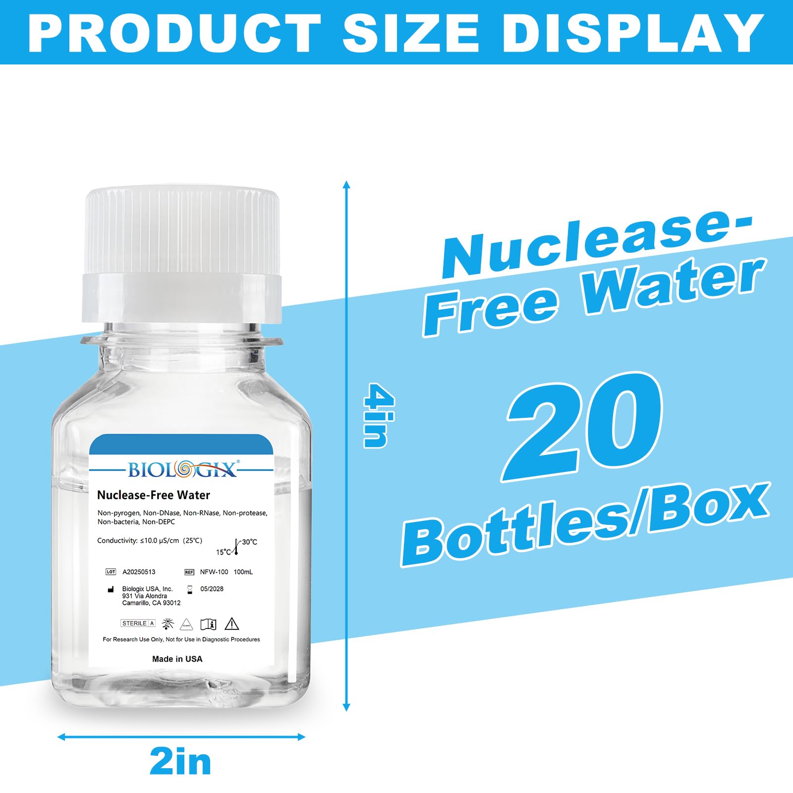 20 sztuk po 100 ml bardzo jałowej wody laboratoryjnej, 500 ml/butelka (10 sztuk po 100 ml)