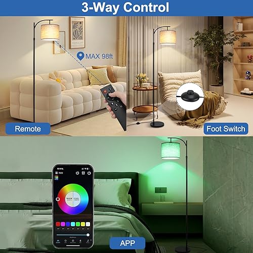 Miniatura 7 de Lámpara de pie RGB para sala de estar, compatible con la aplicación, moderna lámpara de pie LED regulable, lámpara de esquina que cambia de color