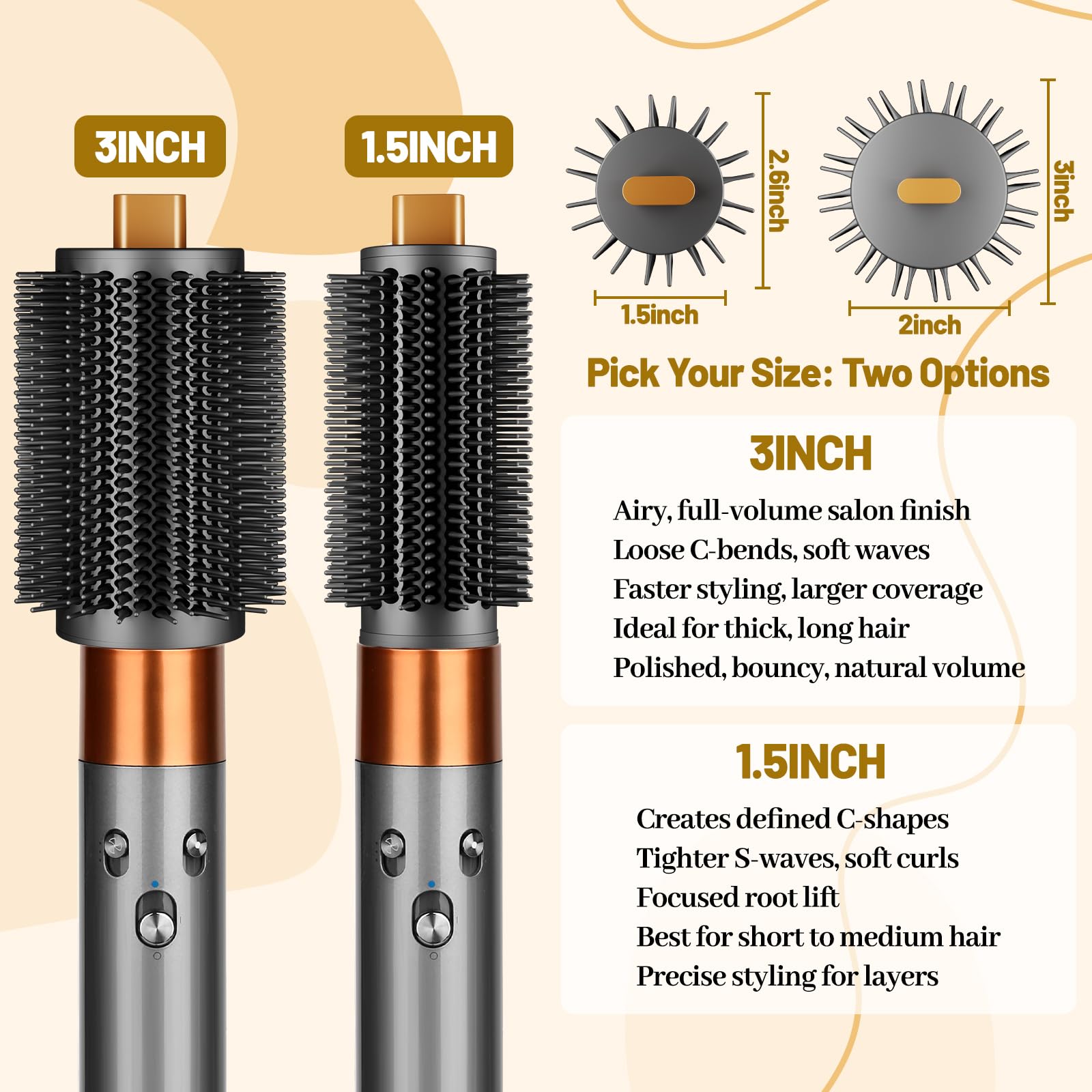 Spazzola rotonda grande da 7,6 cm per accessori Dyson Airwrap | Spazzola volumizzante rotonda da 7,6 cm, per Dyson Air Wrap, setole flessibili per arricciare il volume liscio, oro