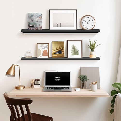 Miniatura 6 de Annecy Juego de 3 estantes flotantes para montar en la pared, estantes de madera de nogal oscuro de 16 pulgadas para pared, estantes de pared con