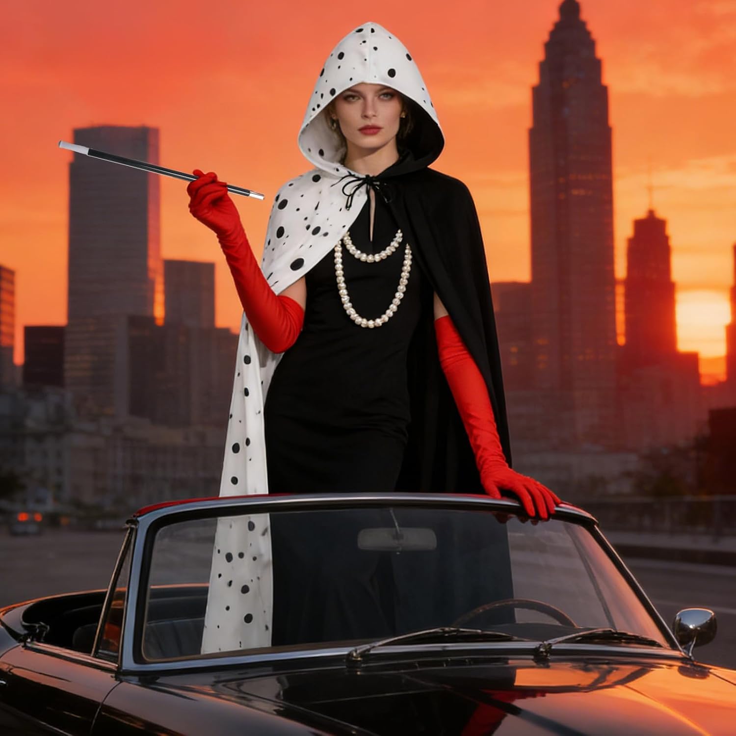 Black White Villain Costume for Women Dalmatian Cape Red Gloves Pearl Necklace Halloween Costume Set for Party Dress Up