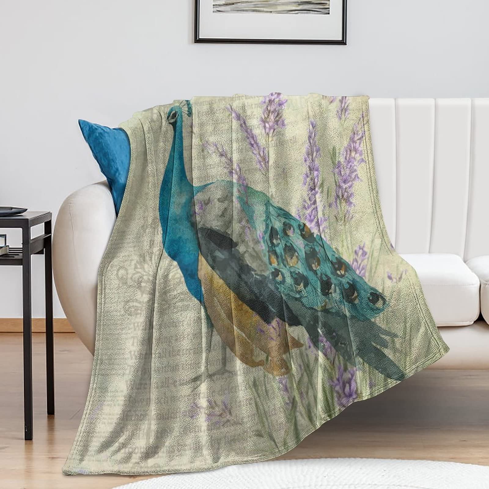 Couverture en peluche paon grand format 152x203 cm chaude et douce pour lit