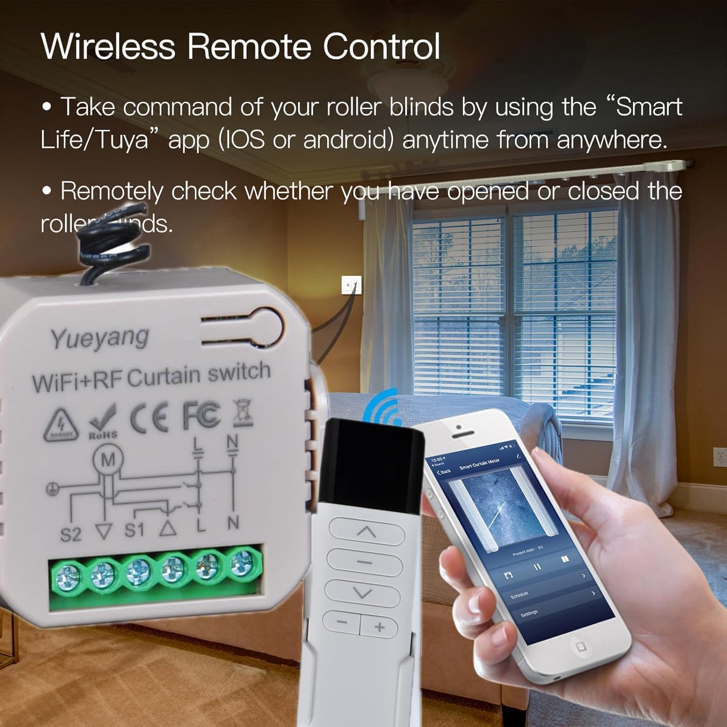 Commutateur de Volets Roulants WiFi avec Télécommandes RF, Module de Commande Sans Fil, Relais Électriques pour Rideaux et Volets, Interrupteur de Minuterie, Contrôle Vocal