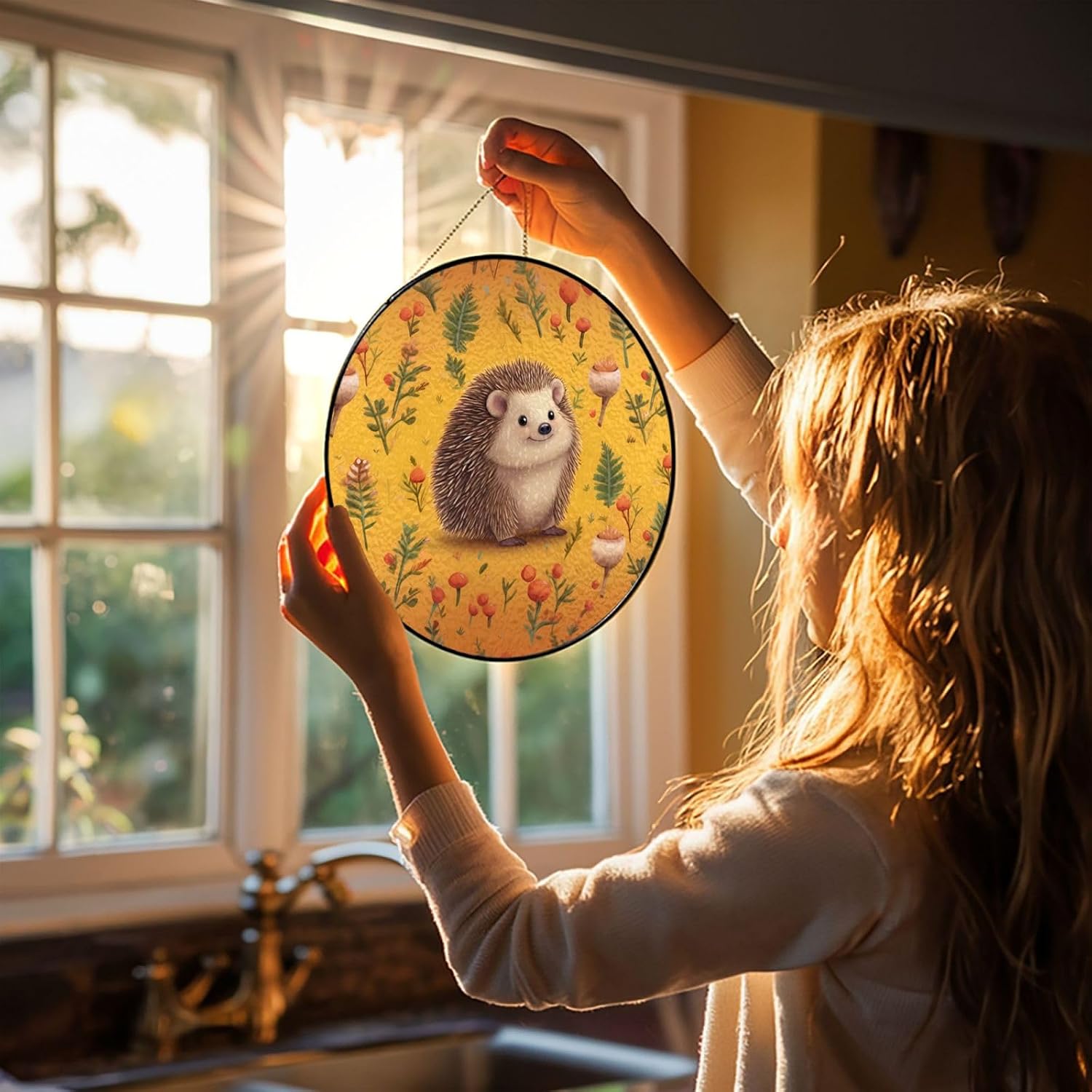Stained Glass Window Hanging 6in（15cm）, Hedgehog Glass Suncatcher for Home Decor, Indoor Wall Art Glass Panel with Metal Chain and Hooks, Sun Catcher Ornament Birthday Gifts