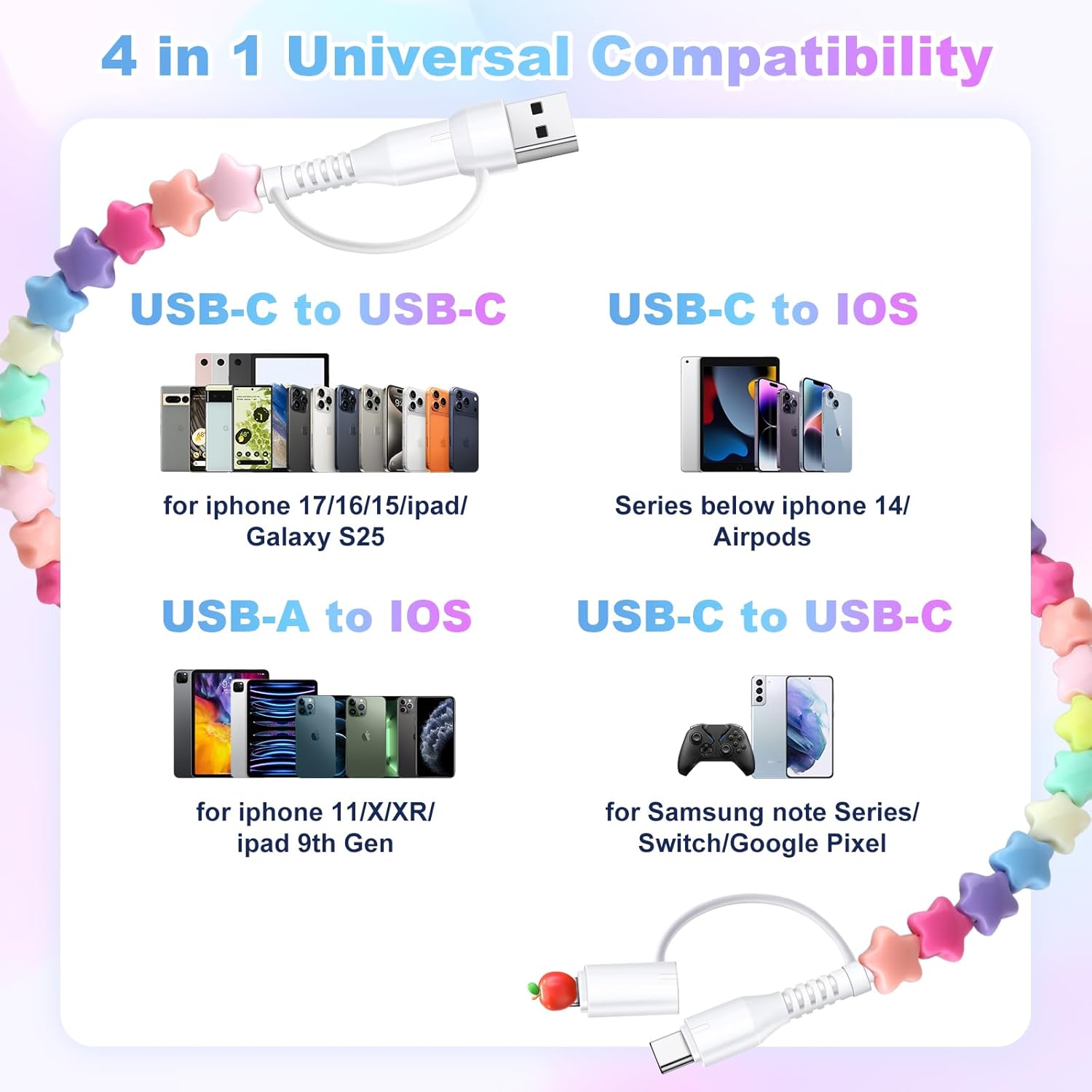 Aolcev 4 in 1 USB C Cable Beaded Multi for iPhone 17 Charger Cord 2 in 1 USB A USB C Charger Block 25W Cute Type C Fast Charging Blocks with Case for iPhone 16 15 Pro Max Girl 3.3FT Rainbow Colors - Image 8