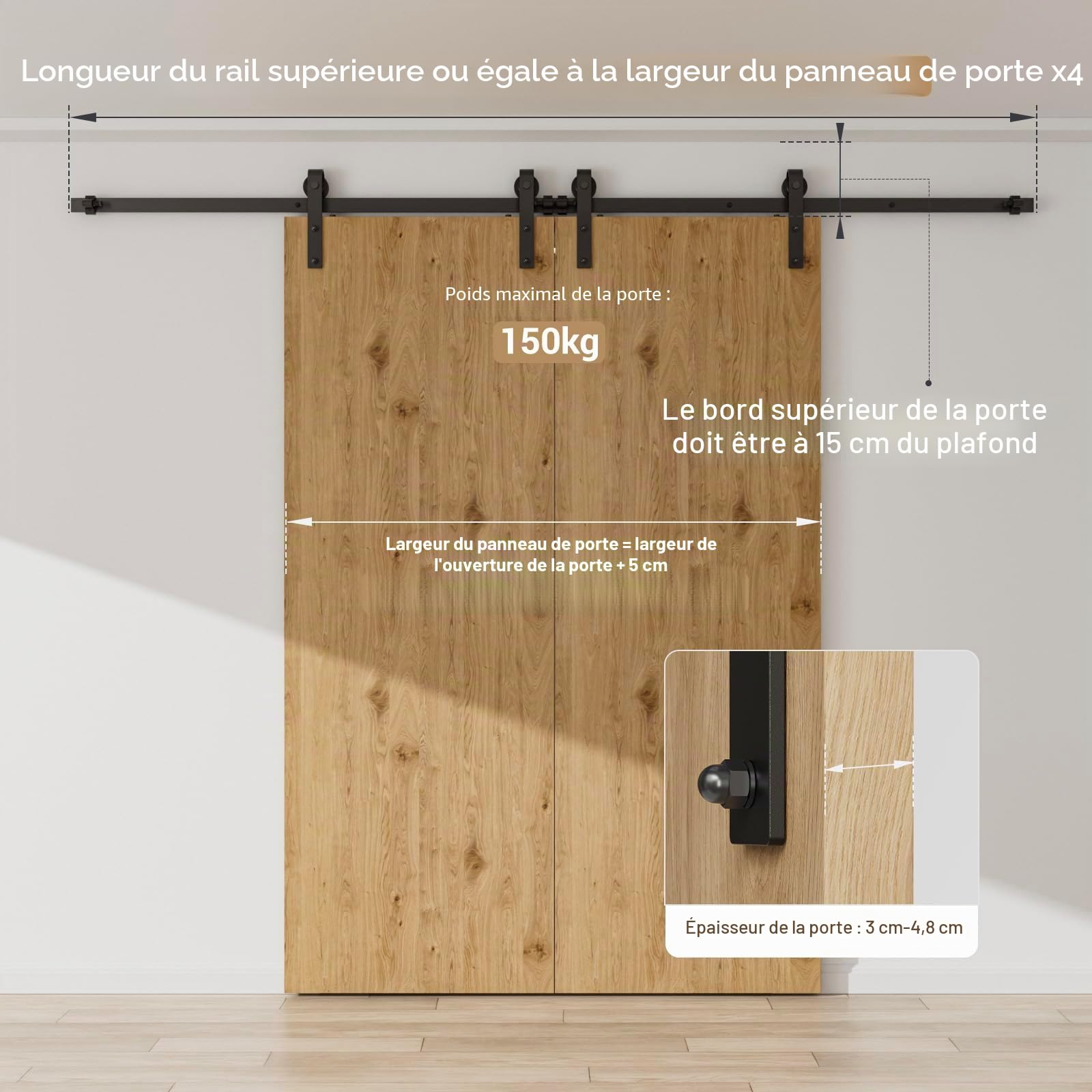 11FT/335cm Noir Grange en Bois Double Ensemble de Hardware porte coulissante en acier Barn Bois Double porte coulissante matériel Track Rolller