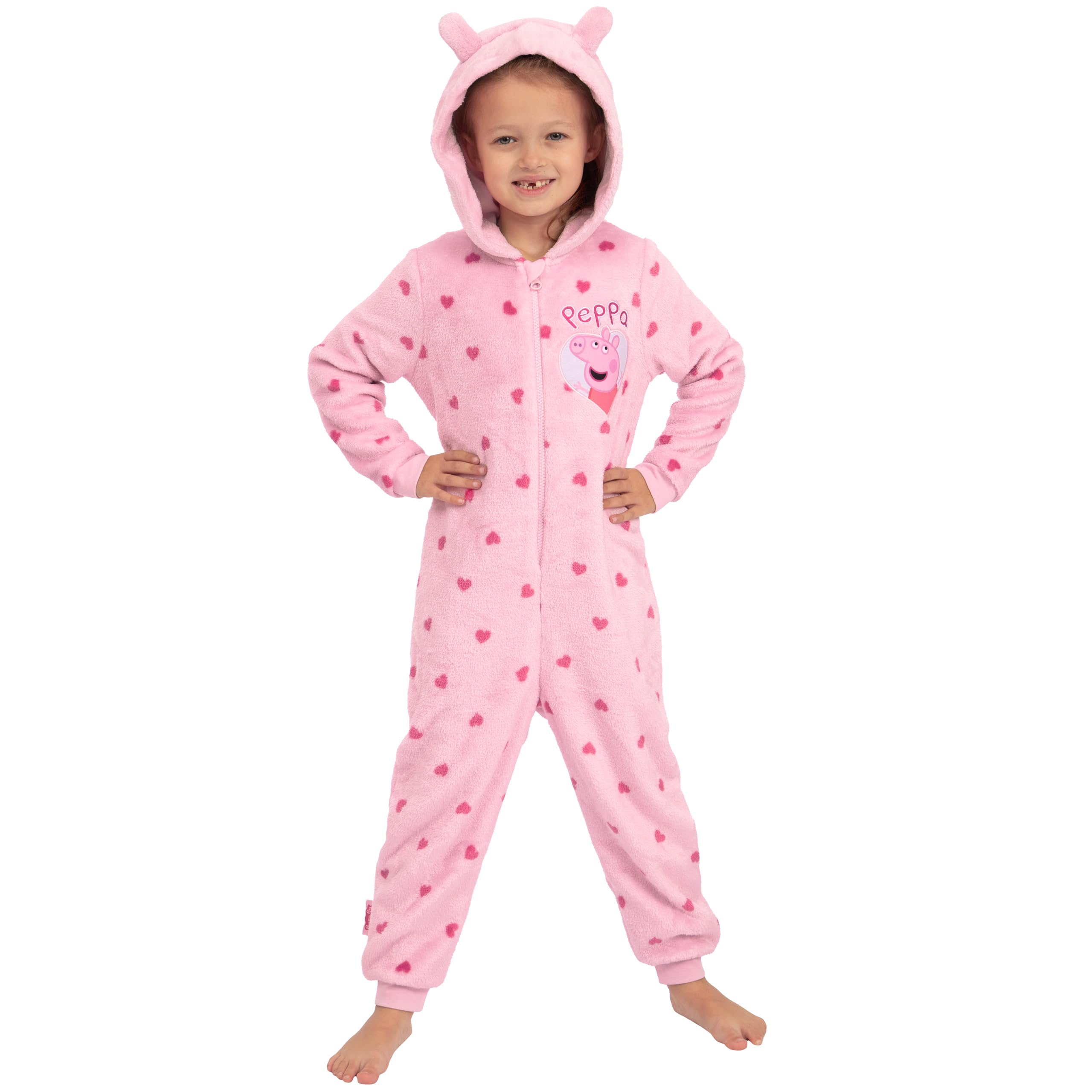 Peppa Pig Onesie Kinder, Fleece Onesie Mädchen mit 3D Ohren, Herzmuster Schlafoverall Kinder