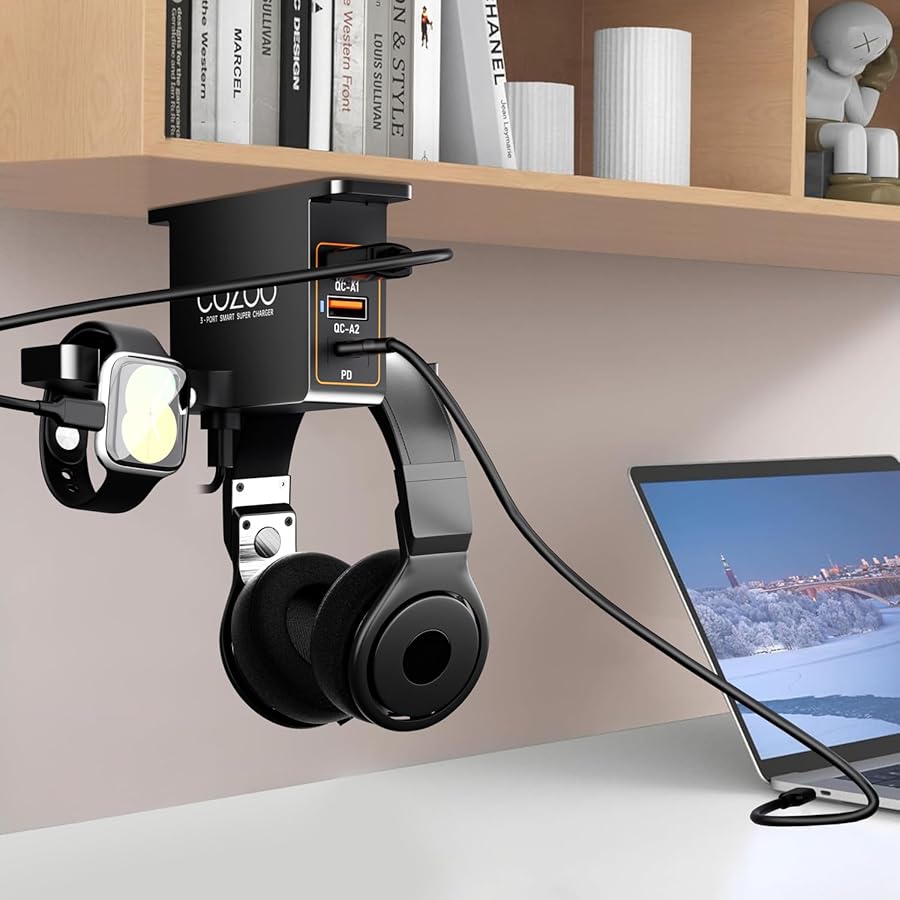 cozoo Headphone Stand with USB Charger Under Desk Headset Holder Mount 3 USB Charging Station,iWatch Stand Watch Dock Dual Earphone Hanger Hook,PC Accessories Gifts,UL Tested - image 2