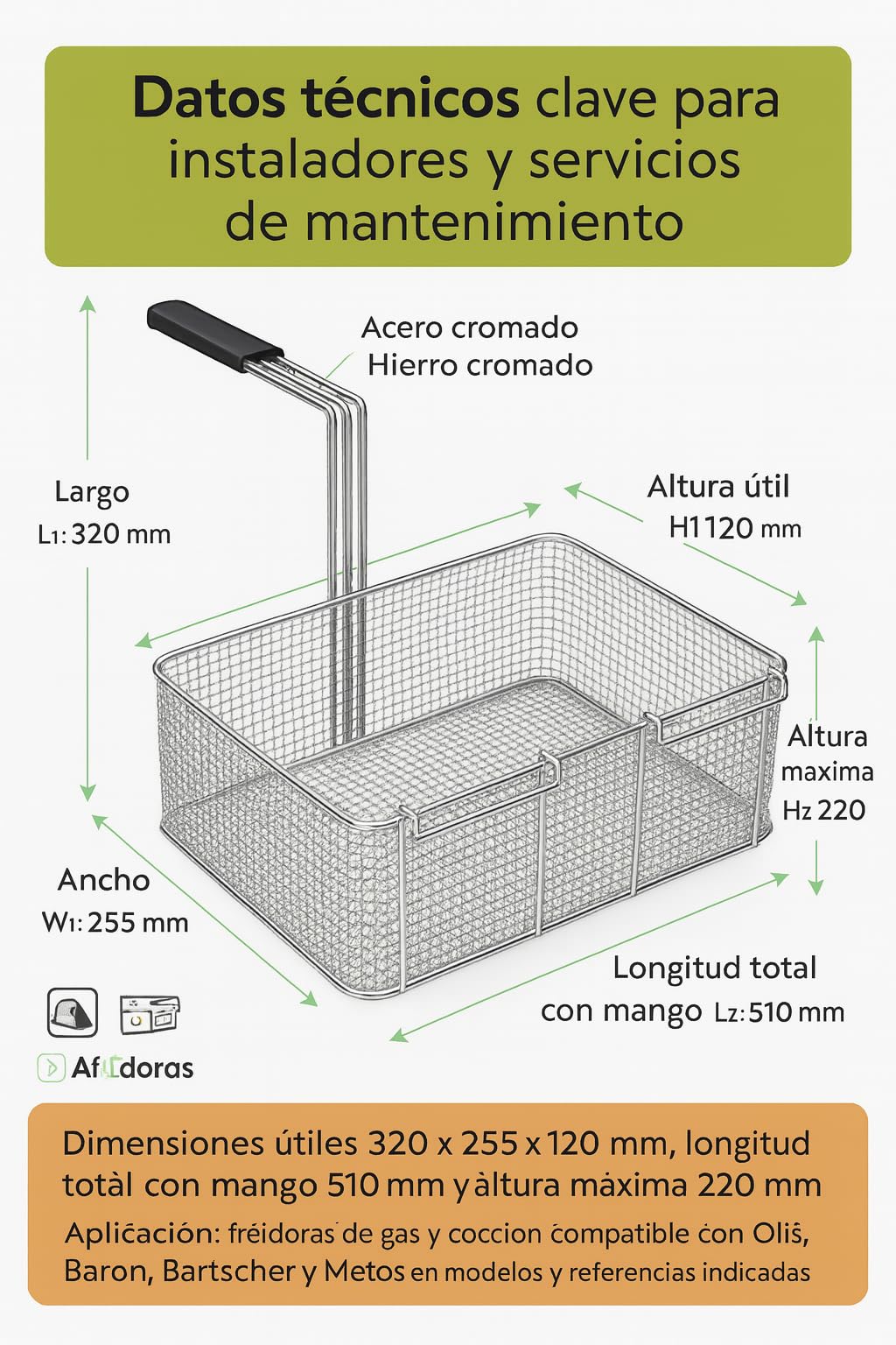 CubetasGastronorm ® Cesta Freidora 320x255x120 Mm Acero Cromado Mango Termoaislado Recambio Industrial compatible con Olis Baron Bartscher Metos Freidoras Gas Coccion Hosteleria Reparacion Hogar