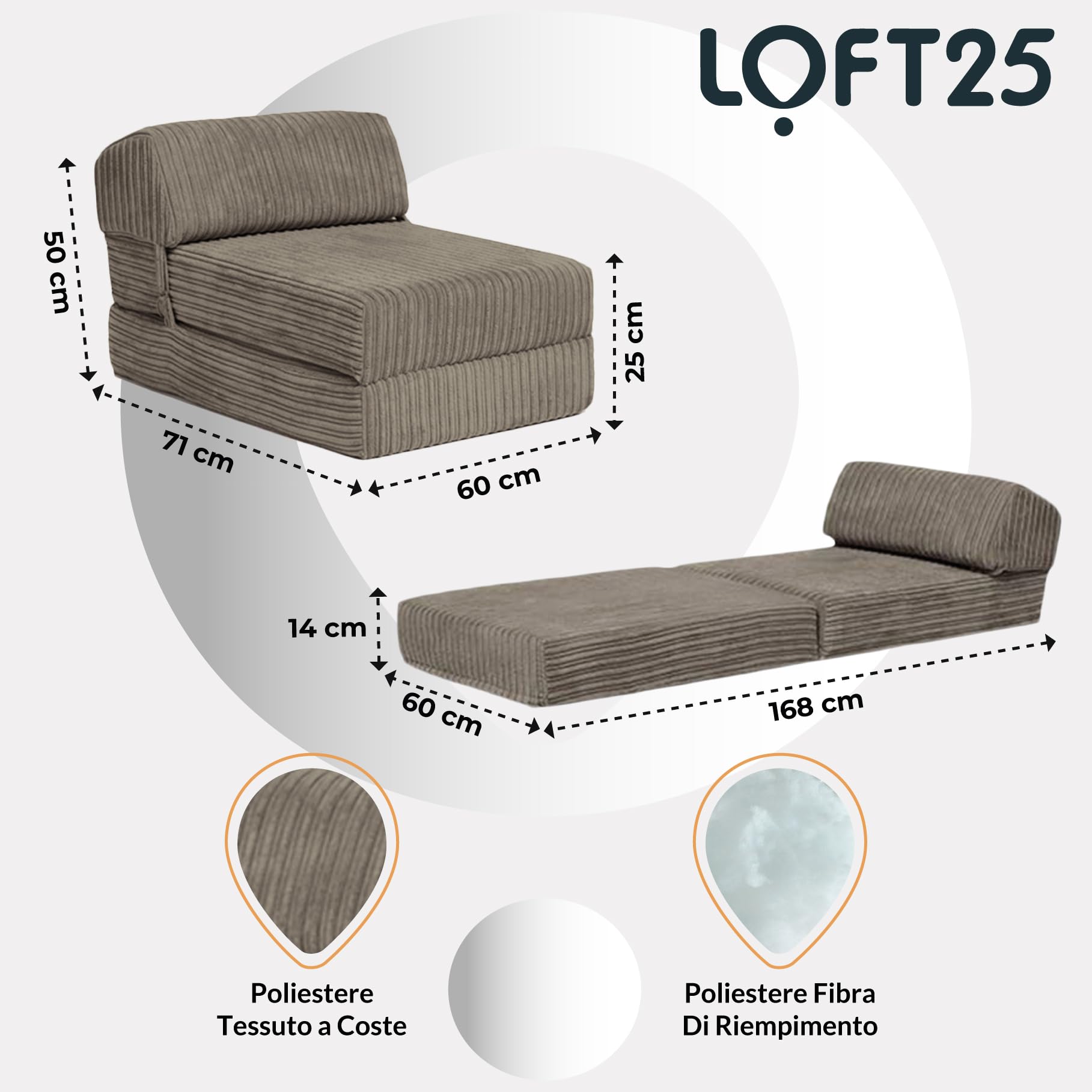 Loft 25 Jumbo Cord pieghevole singolo Futon Z-letto materasso divano | Sleepover Guest Living Room | Sedia morbida e confortevole | Leggero e durevole | Mobili in tessuto di qualità Cord (Acciaio)