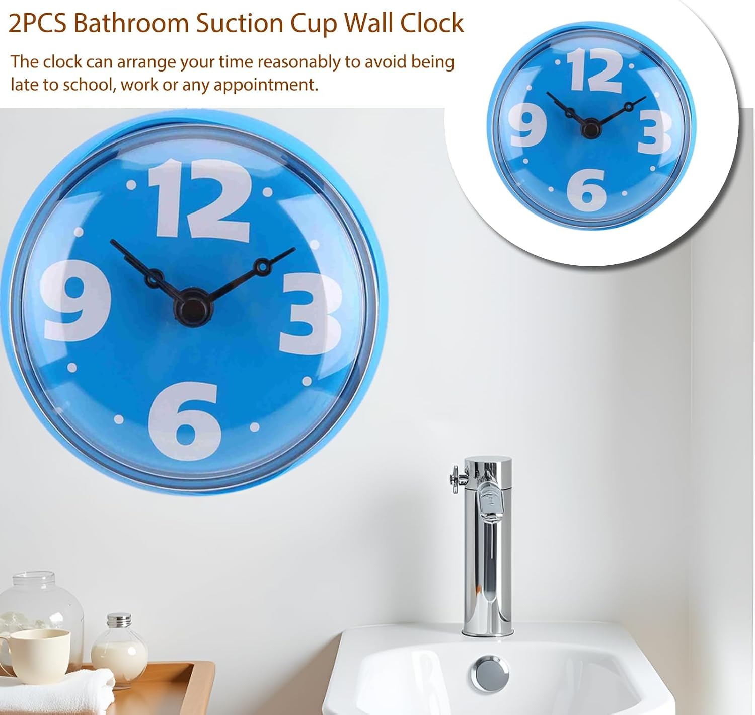 Waterproof Bathroom Clock with Large Suction Cup, Small Digital Shower Clock, Battery Operated Wall Clock for Toilet, Kitchen, Bedroom, 2.8 * 1.6" (Blue)