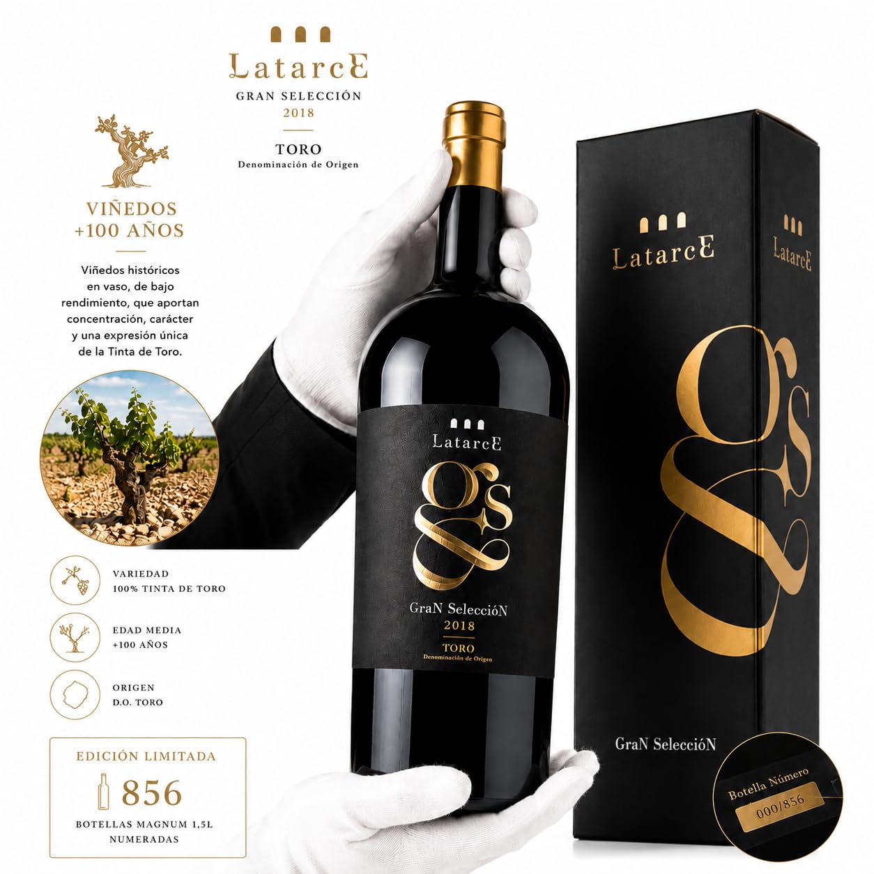 Latarce Gran Selección 2018 | Vino Tinto D.O. Toro 100% Tinta de Toro | Magnum 1,5L Estuche Numerado | Viñedos 70 Años 18 Meses Roble Francés | Edición Limitada 856 Botellas