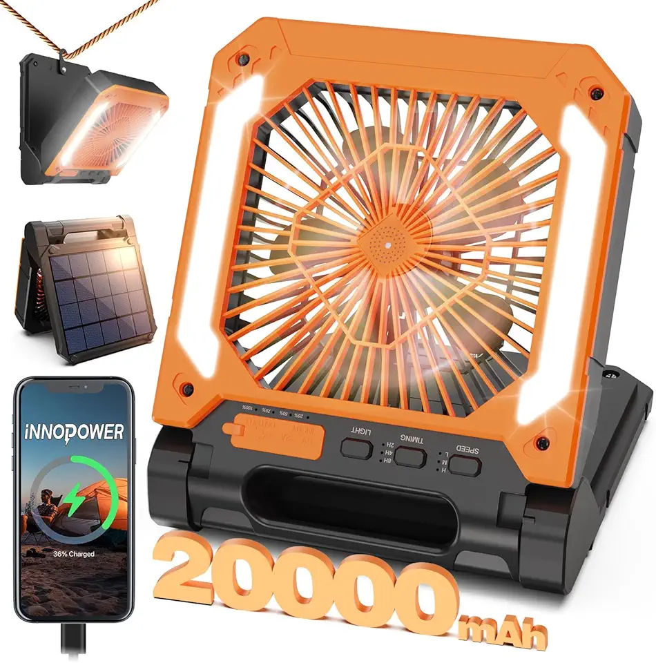 20000mAh Portable Fan Rechargeable with Solar Panel 2-in-1, 3 Speeds Cordless Battery Powered Fan with Led Lantern,Timer, Quiet USB-C Table Fan for Travel Tent Hurricane Office Home Bedroom (Orange)