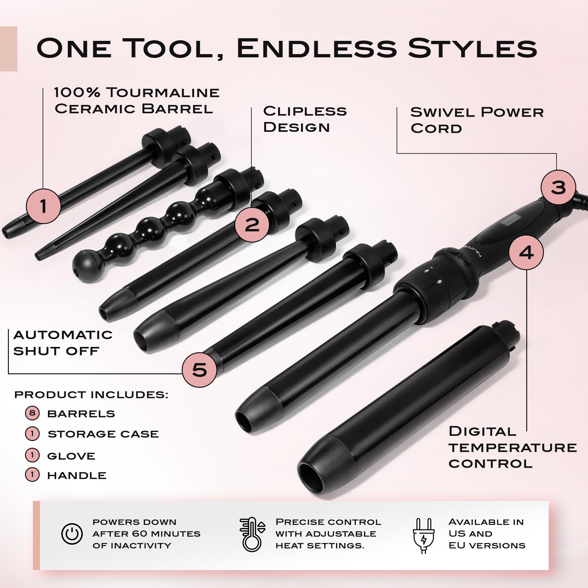 NuMe Octowand 8-in-1 Curling Wand Set Interchangeable Tourmaline Ceramic Barrels 13mm - 32mm Heat-Resistant Glove and Travel Case LCD Digital Display | Interchangeable Tourmaline Ceramic Barr product thumbnail 3