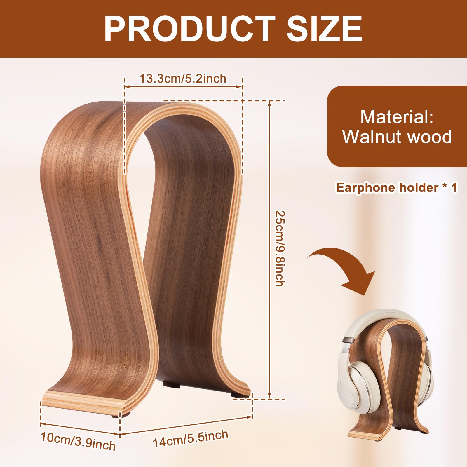 Support de casque en bois de noyer pour casque de bureau, support de casque de jeu, design de pont d'arc, compatibilité universelle